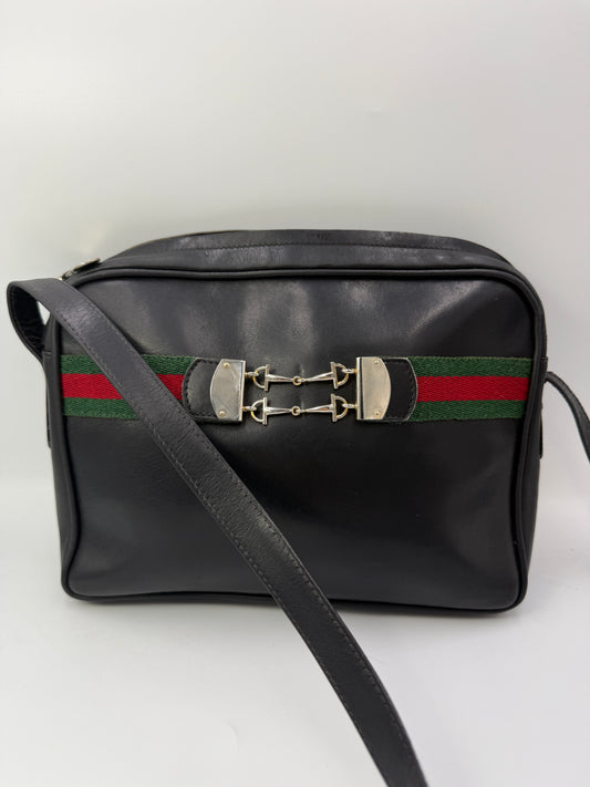 Gucci Vintage Black Leather Sherry Line Shoulder Bag