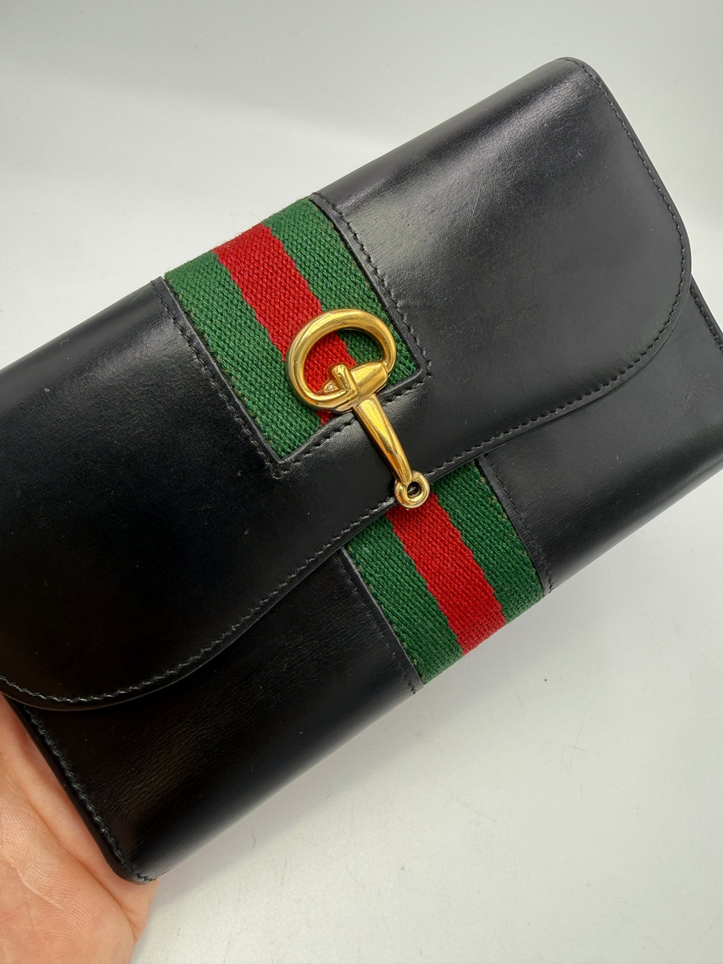 Gucci Vintage Black Leather Horse-bit Sherry Line Wallet