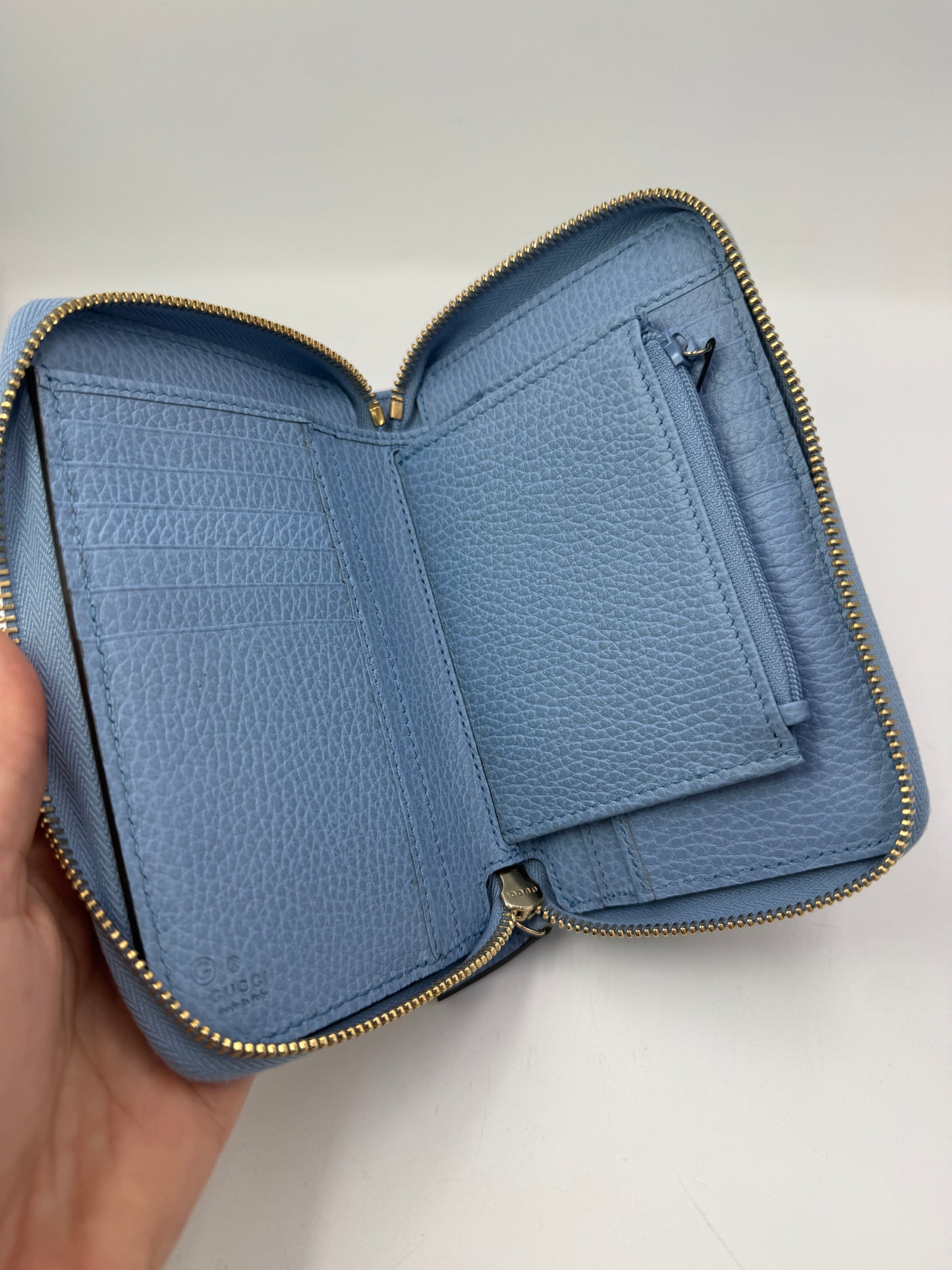 Gucci Guccissima Canvas Zippy Wallet Light Blue Interior