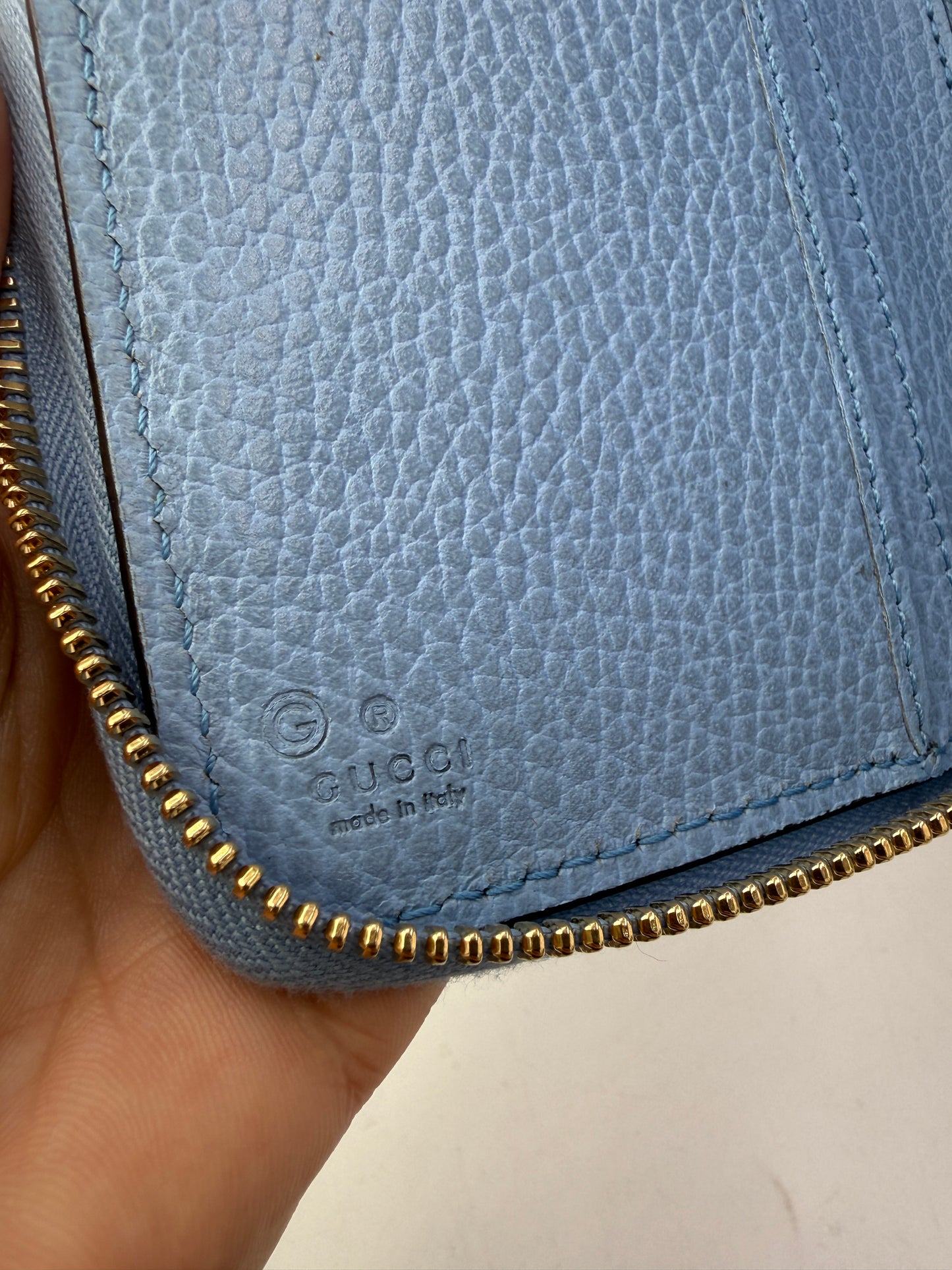 Gucci Guccissima Canvas Zippy Wallet Light Blue Interior