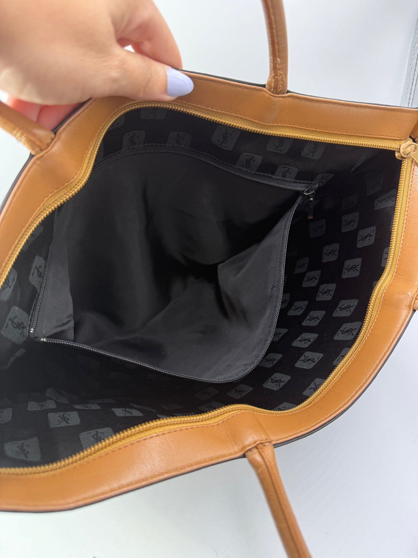 Yves Saint Laurent YSL Embossed Two Tone Leather Tote