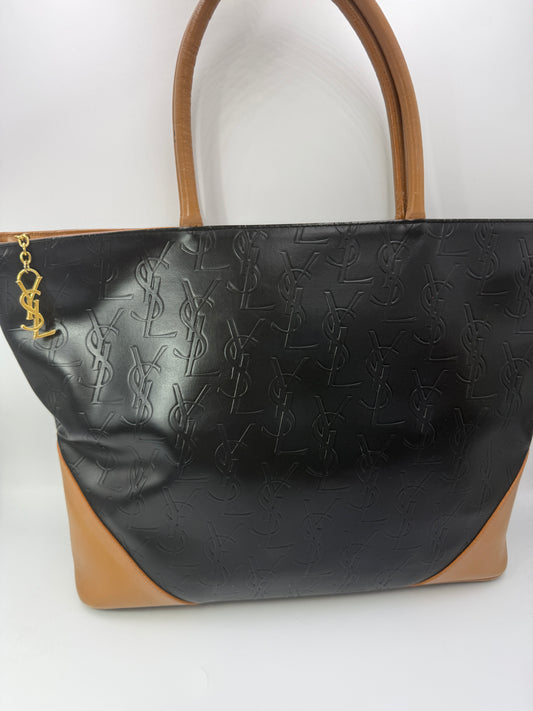 Yves Saint Laurent YSL Embossed Two Tone Leather Tote