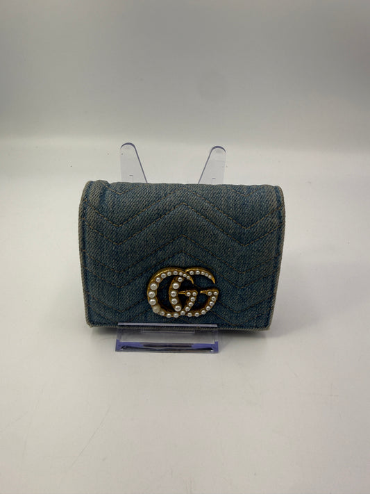 Gucci Marmont Chevron Denim Wallet Pearl GG Logo