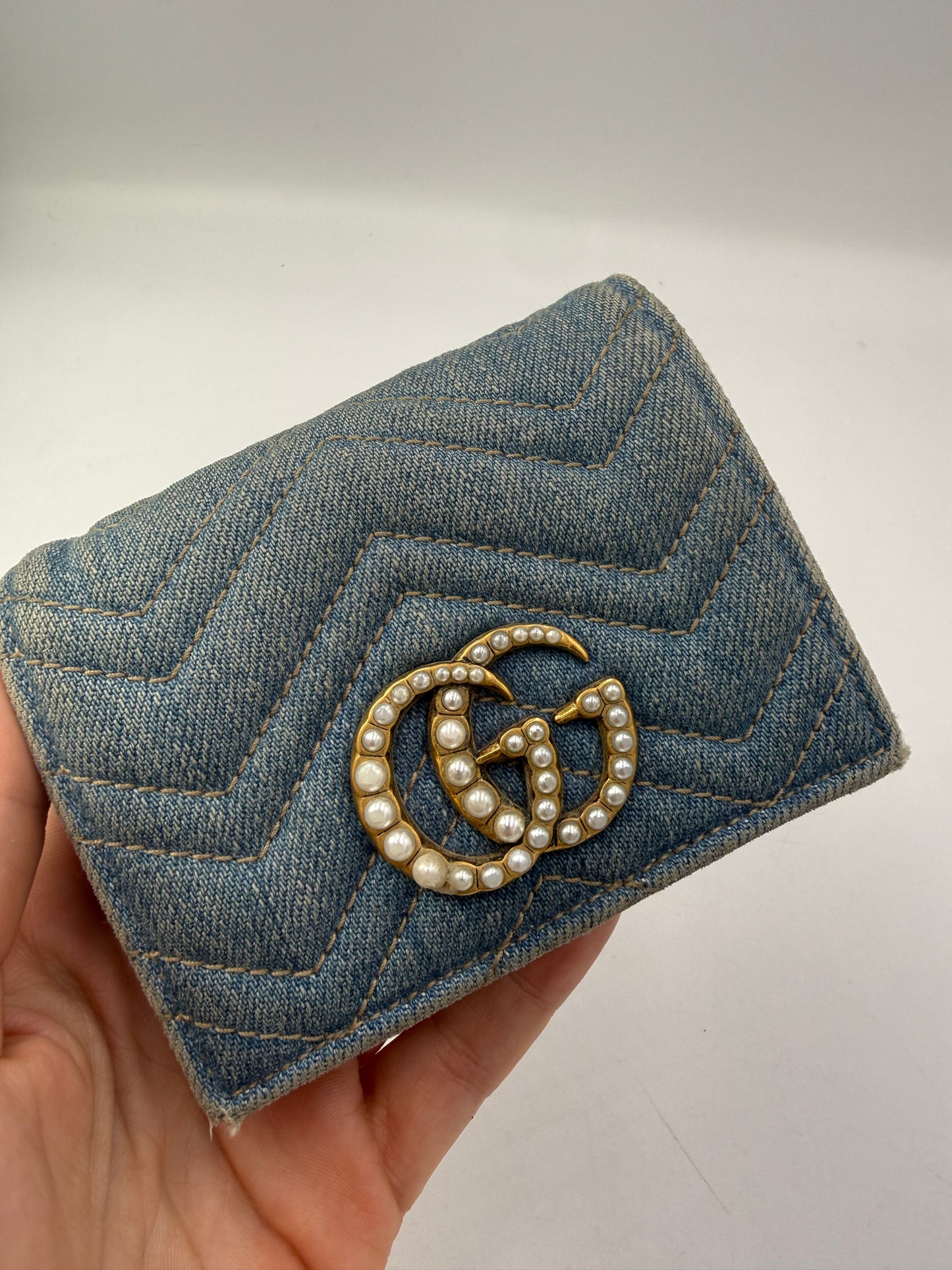 Gucci Marmont Chevron Denim Wallet Pearl GG Logo