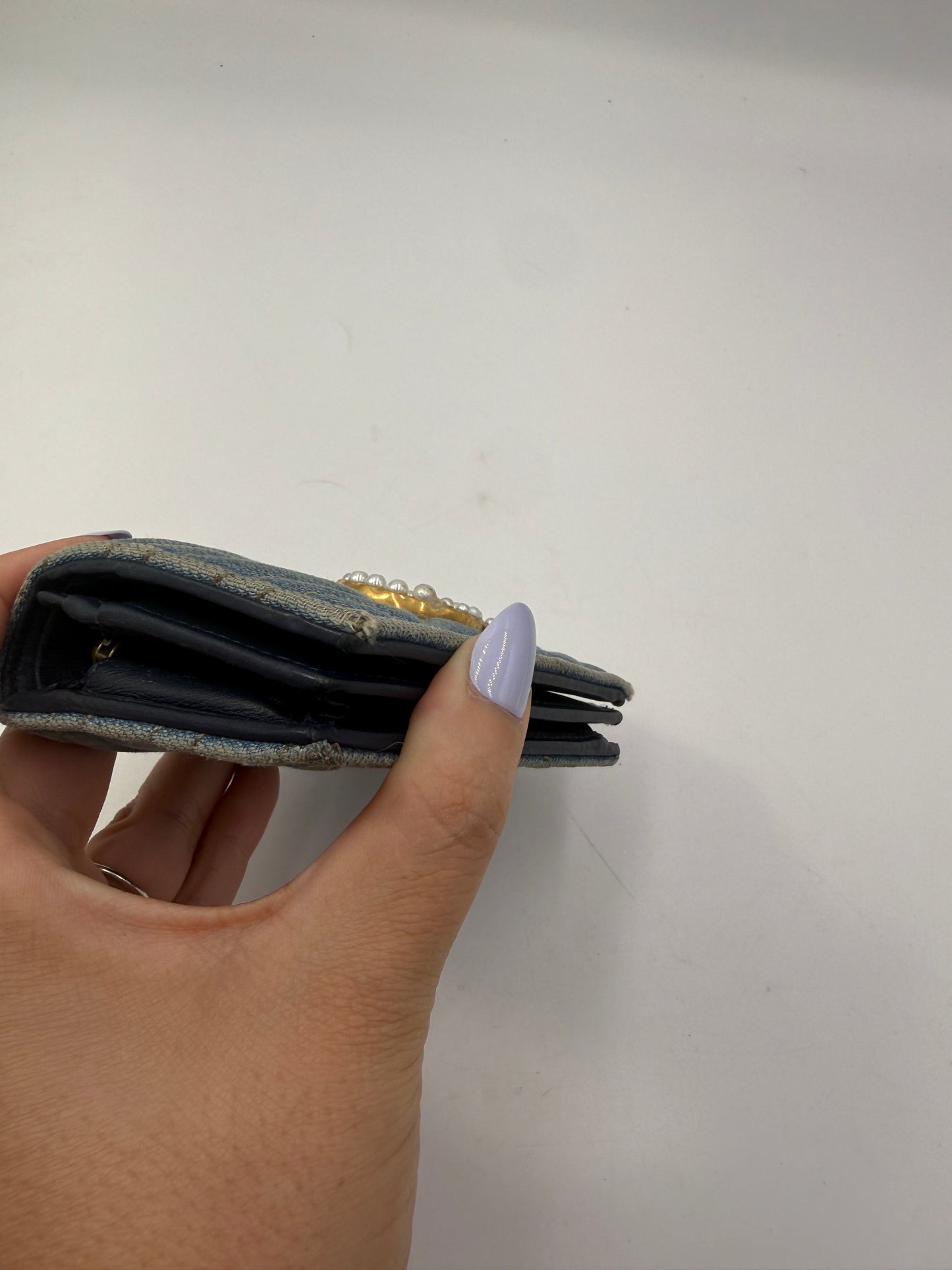 Gucci Marmont Chevron Denim Wallet Pearl GG Logo