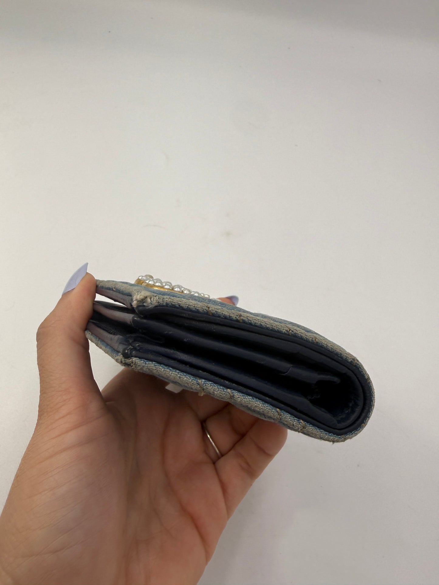 Gucci Marmont Chevron Denim Wallet Pearl GG Logo