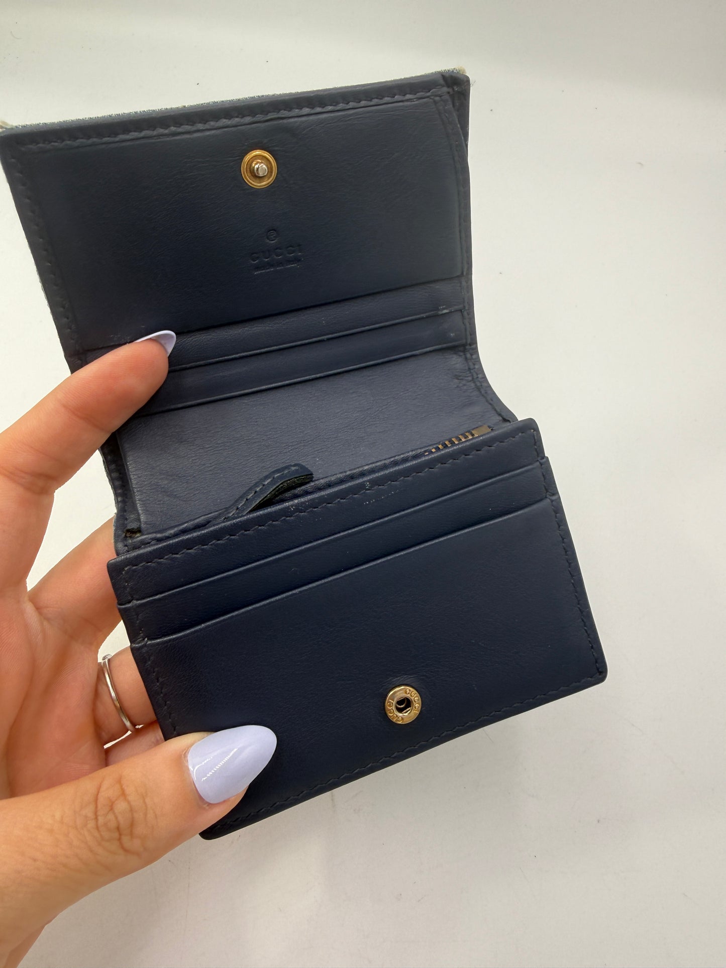 Gucci Marmont Chevron Denim Wallet Pearl GG Logo