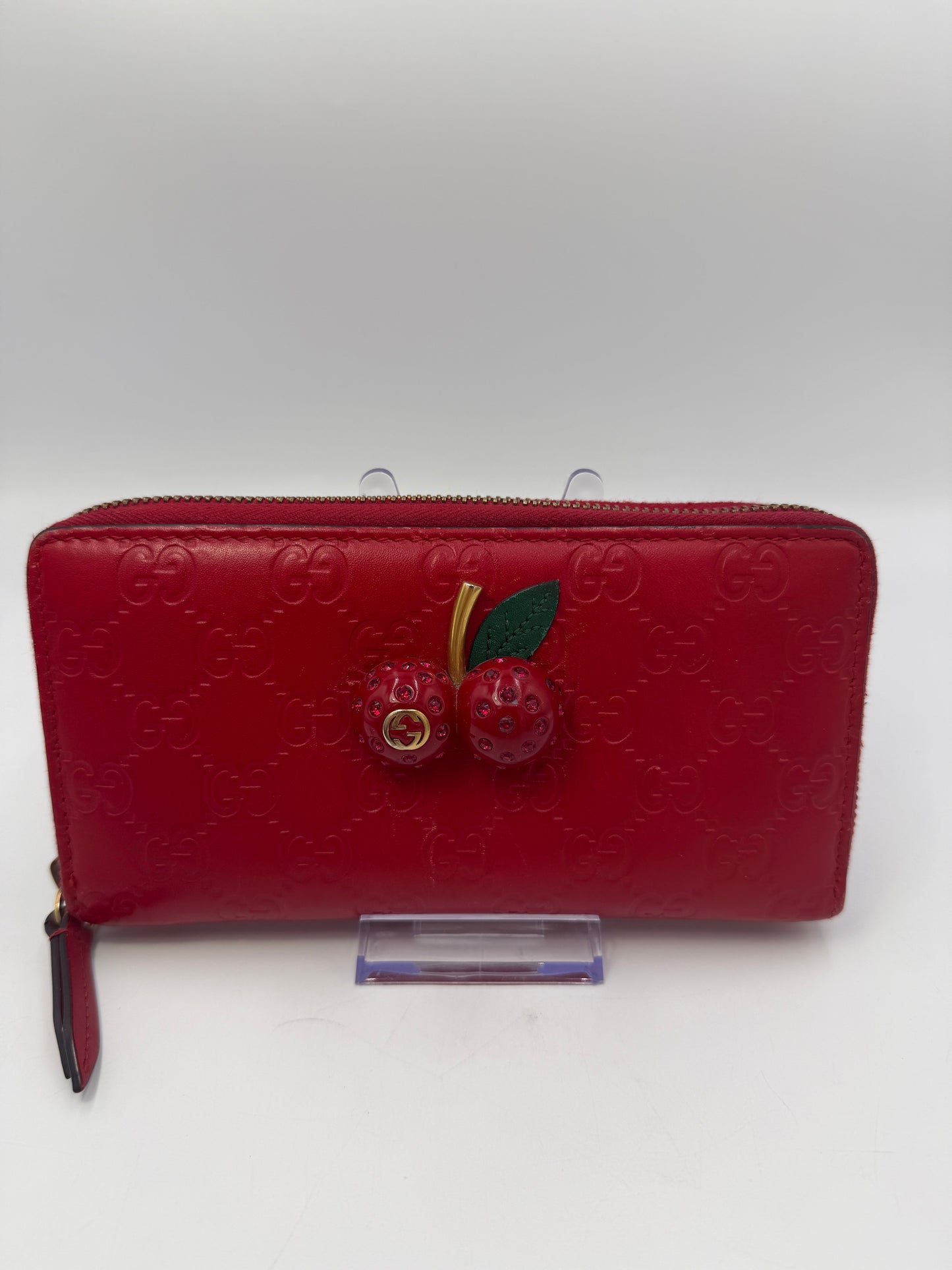 Gucci Guccissima Red Leather 3D Cherry Gem Wallet RARE
