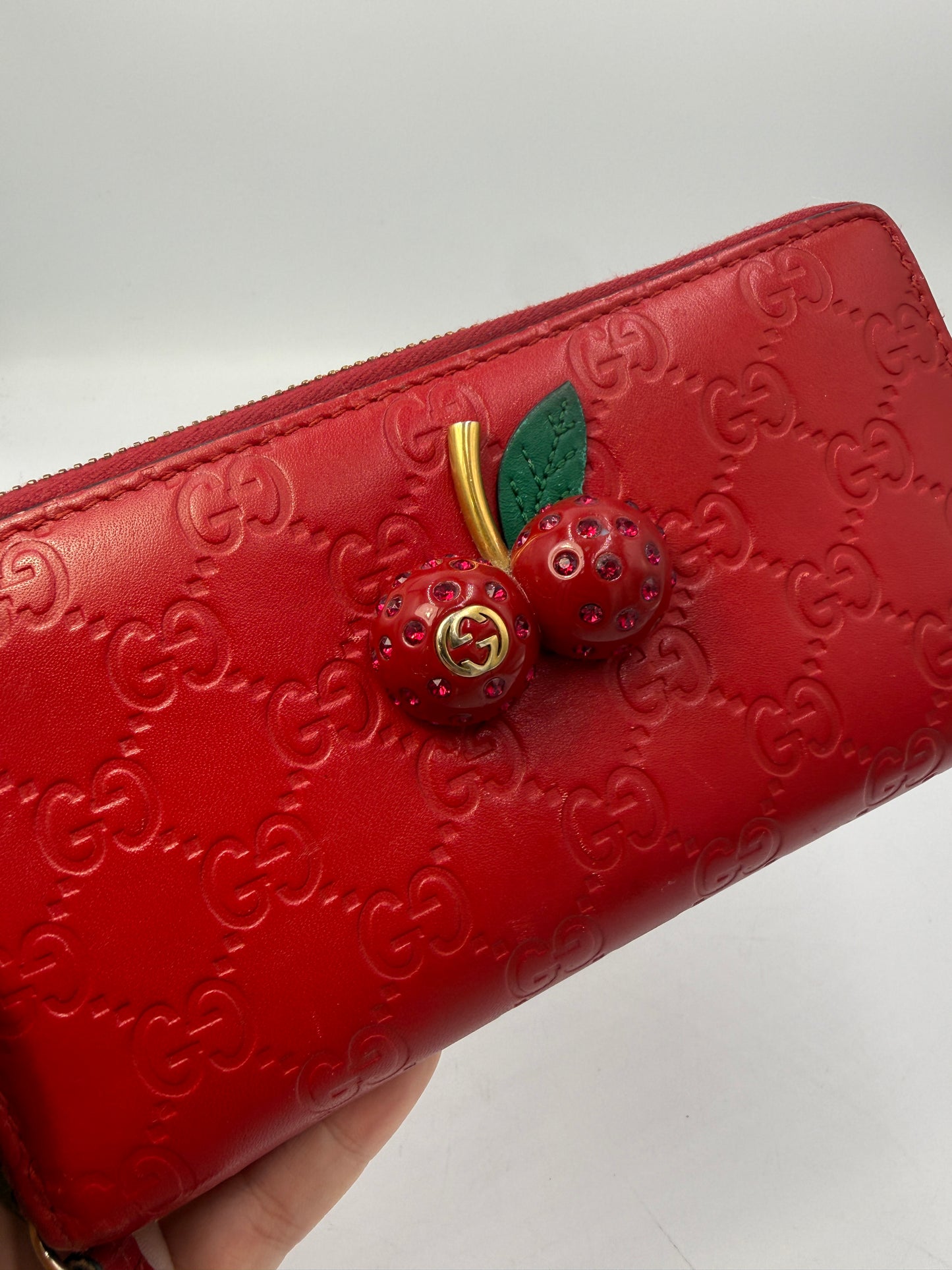 Gucci Guccissima Red Leather 3D Cherry Gem Wallet RARE