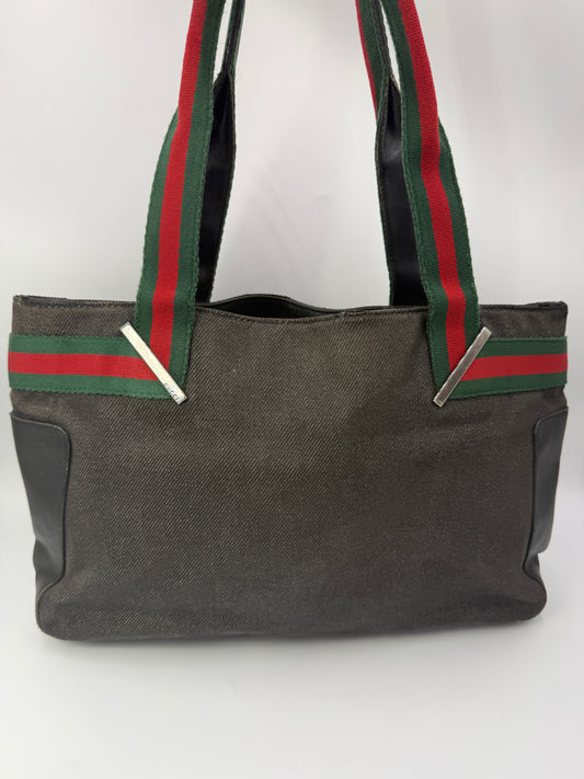 Gucci Sherry Line Black Denim Canvas and Leather Tote