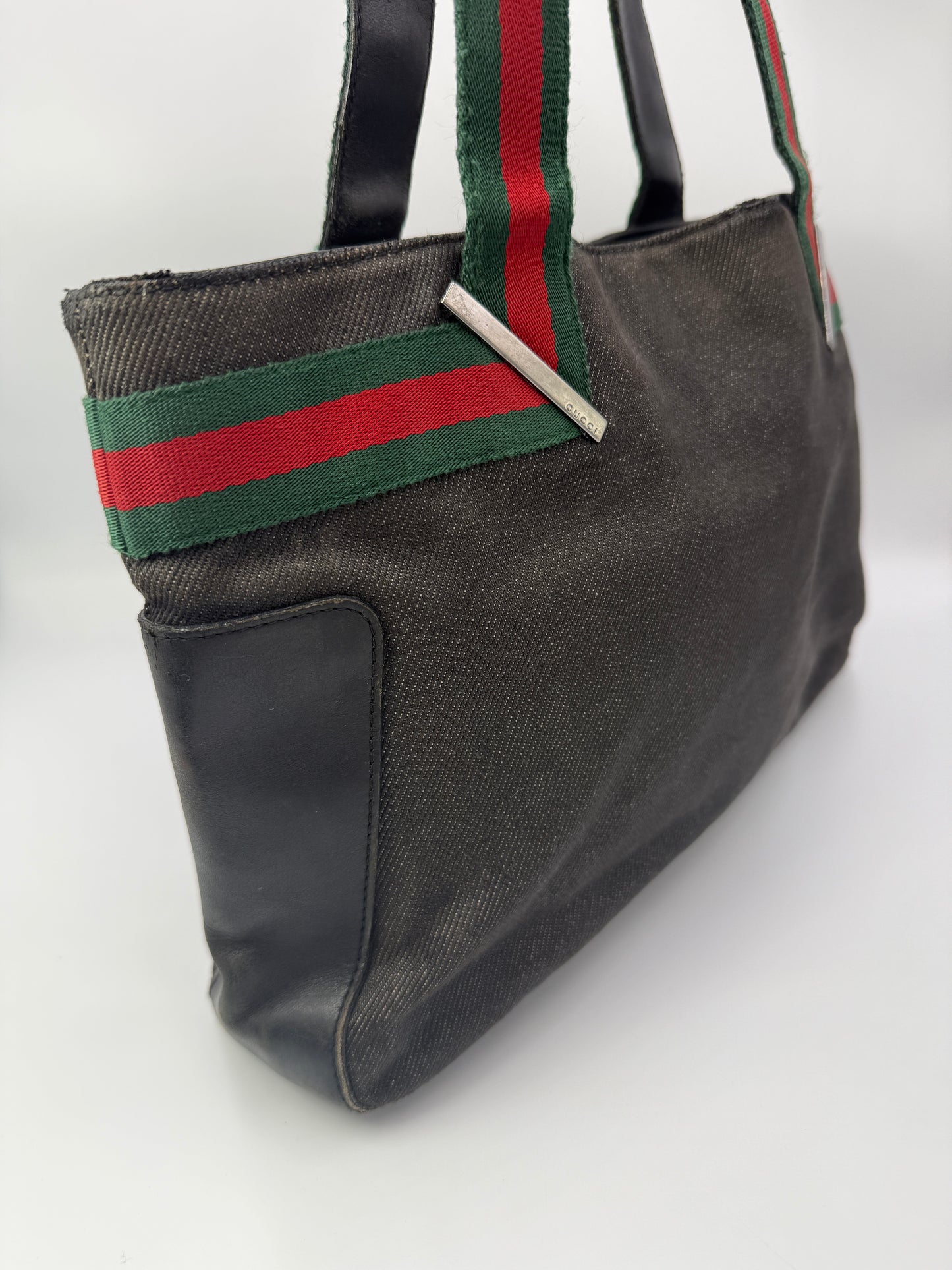 Gucci Sherry Line Black Denim Canvas and Leather Tote