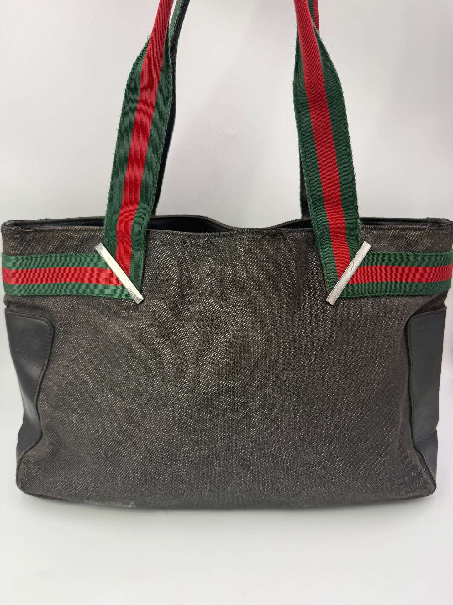 Gucci Sherry Line Black Denim Canvas and Leather Tote
