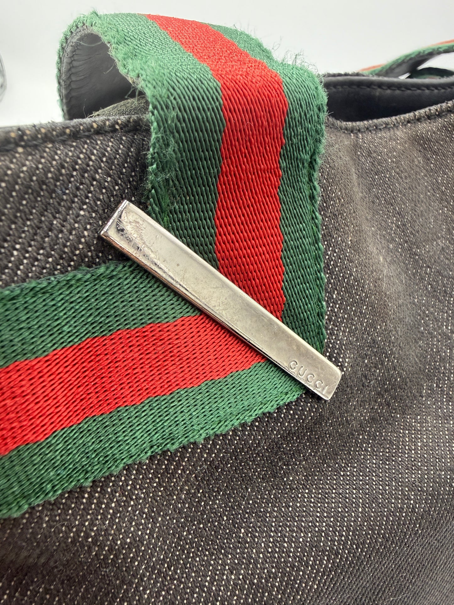 Gucci Sherry Line Black Denim Canvas and Leather Tote