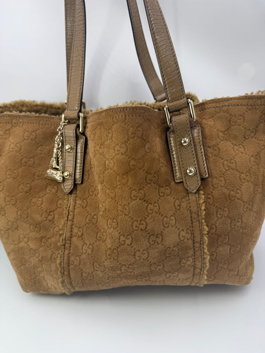 Gucci Brown Suede Guccissima Tote with Shearling Interior