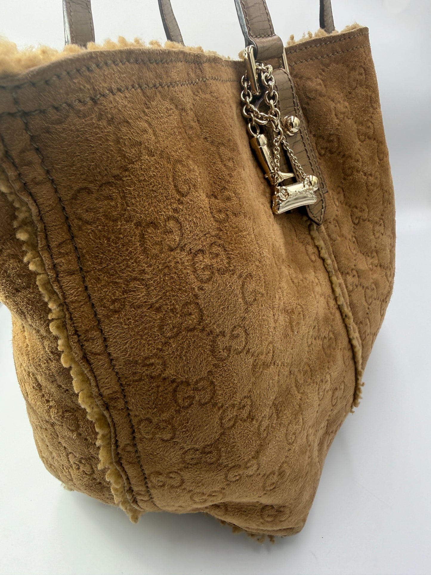 Gucci Brown Suede Guccissima Tote with Shearling Interior