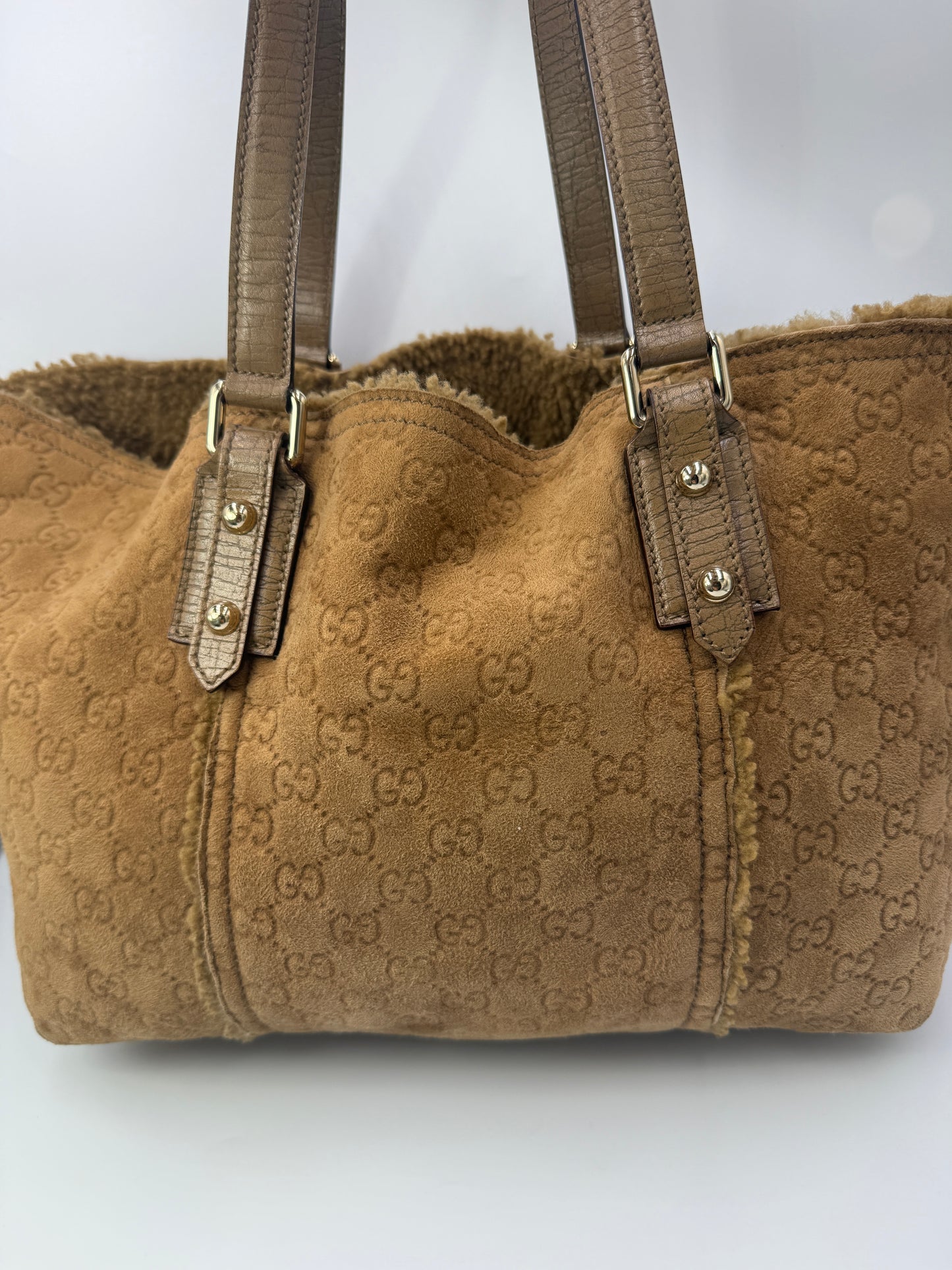 Gucci Brown Suede Guccissima Tote with Shearling Interior