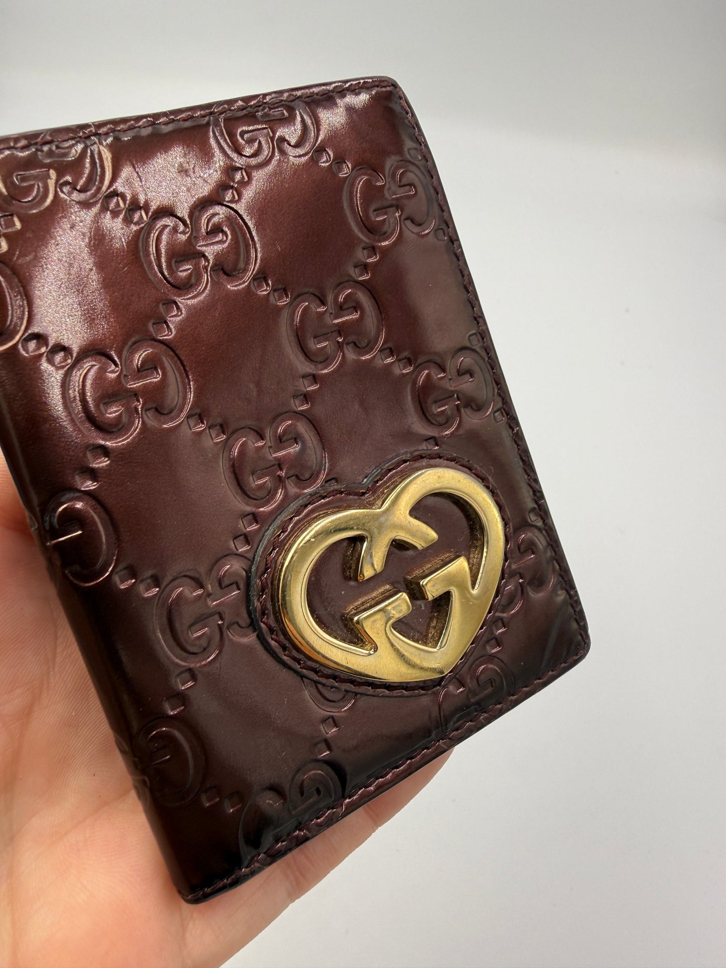 Gucci Burgundy Patent Leather Guccissima Heart Interlocking GG Card Holder
