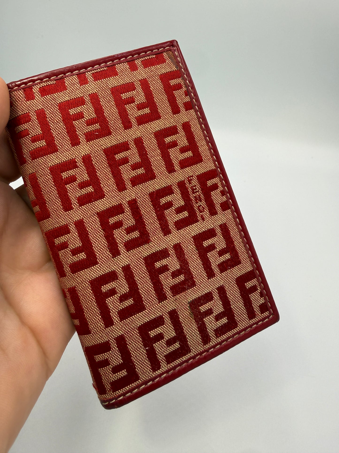 Fendi Red Zucchino Canvas Bifold Card Holder with Snap