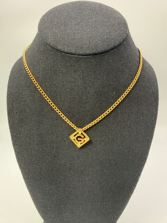 Givenchy Vintage Gold Tone G Pendant Necklace with Crystal Accents