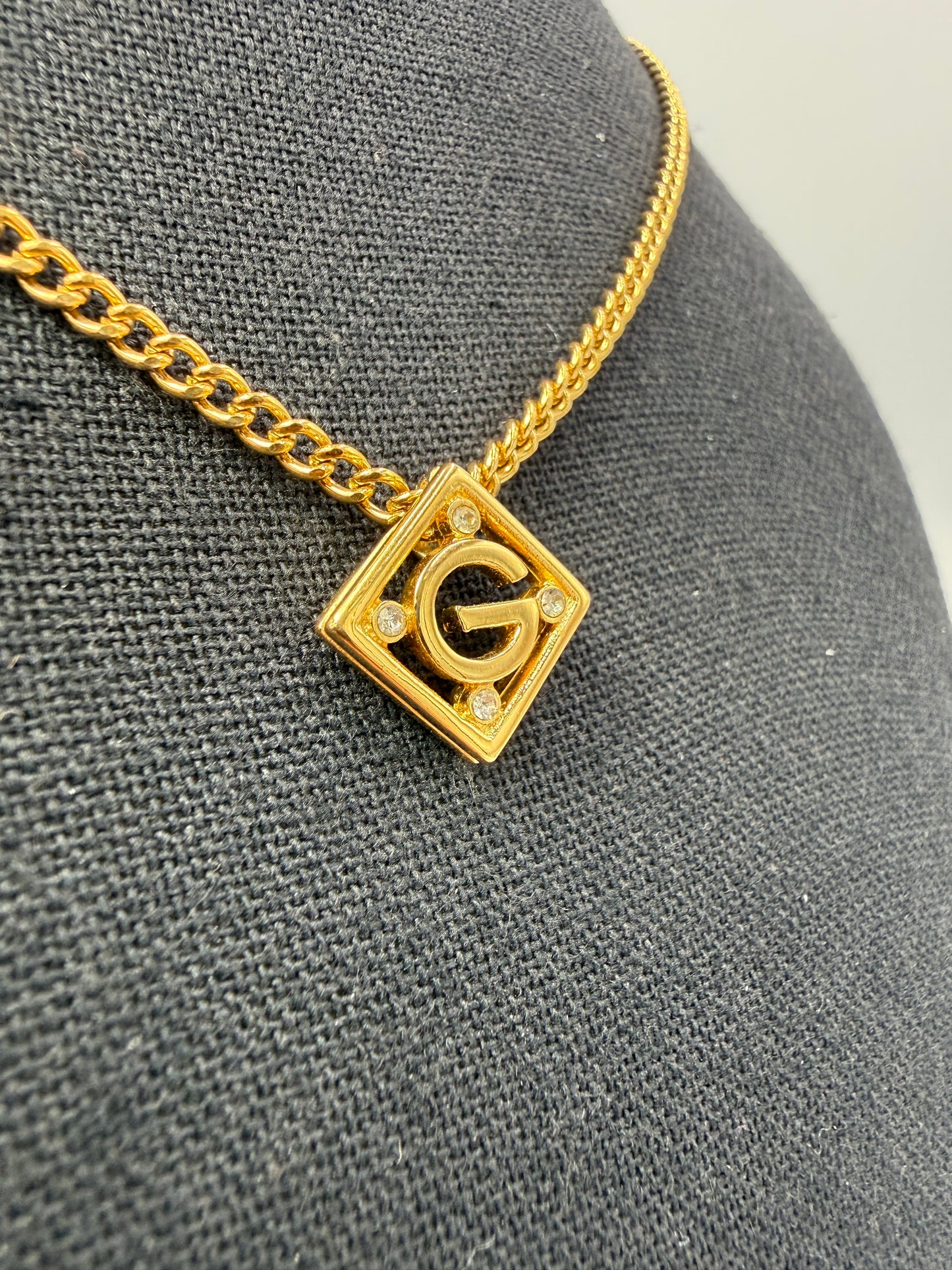 Givenchy Vintage Gold Tone G Pendant Necklace with Crystal Accents