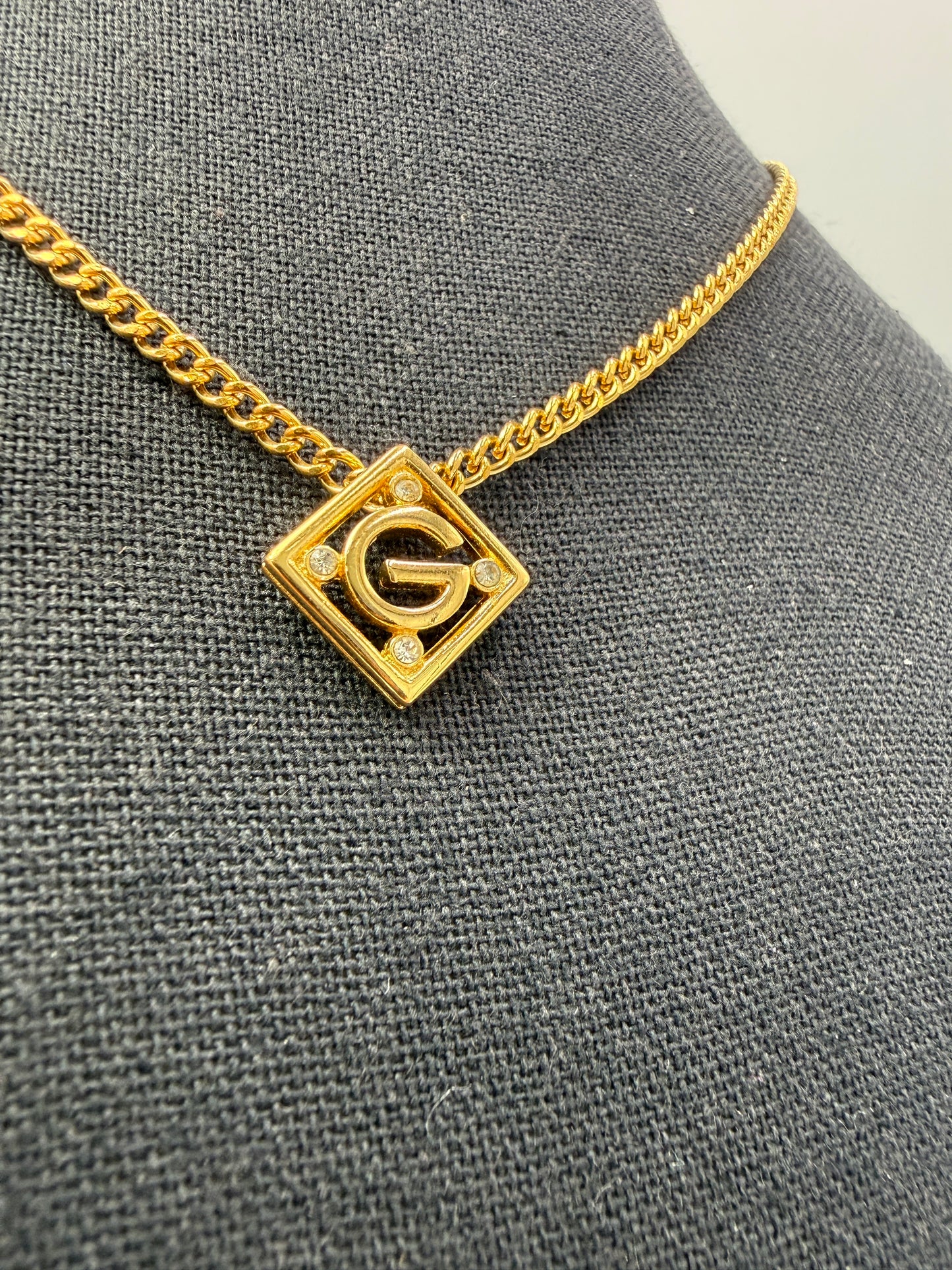 Givenchy Vintage Gold Tone G Pendant Necklace with Crystal Accents