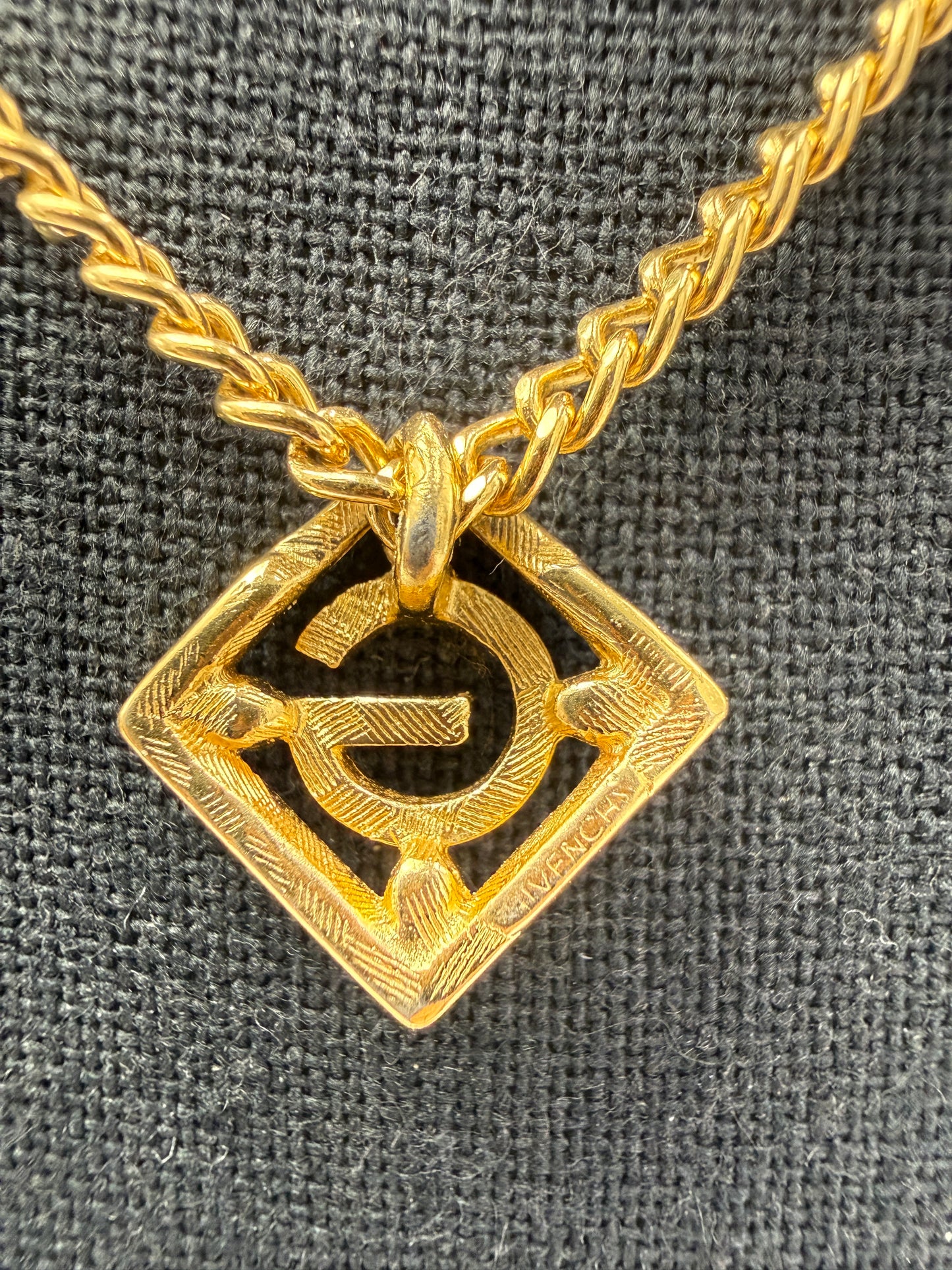 Givenchy Vintage Gold Tone G Pendant Necklace with Crystal Accents