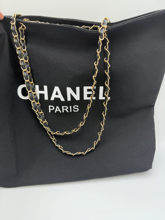 Chanel Black Canvas VIP Tote with Gold Chains