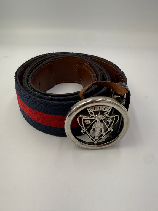 Gucci Ophidia Web Stripe Knight Crest Belt with Navy Blue Leather Trim 85 cm 34 in
