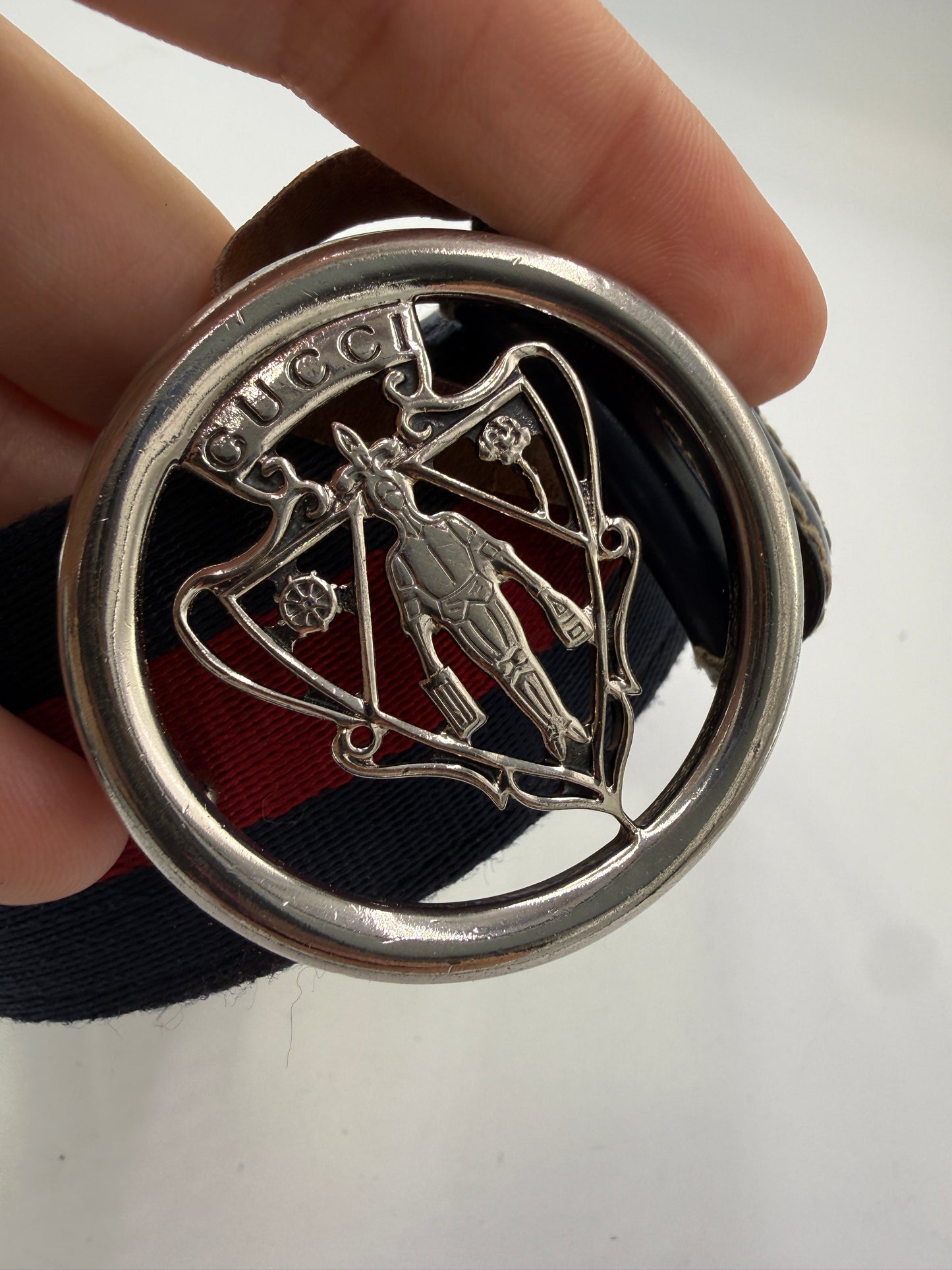 Gucci Ophidia Web Stripe Knight Crest Belt with Navy Blue Leather Trim 85 cm 34 in