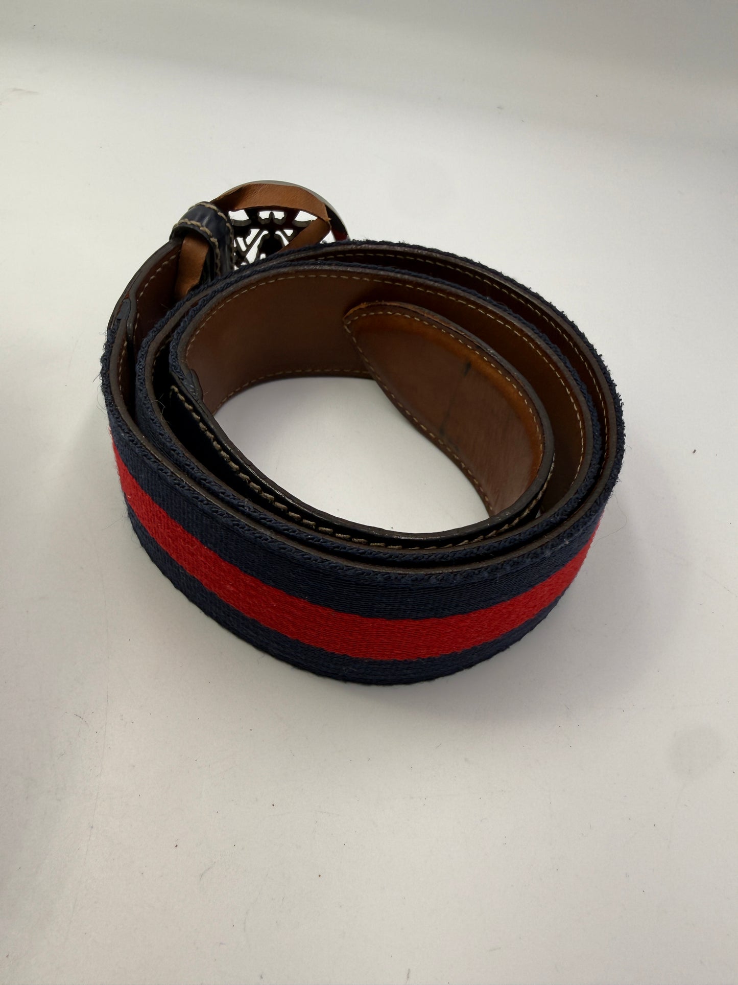 Gucci Ophidia Web Stripe Knight Crest Belt with Navy Blue Leather Trim 85 cm 34 in