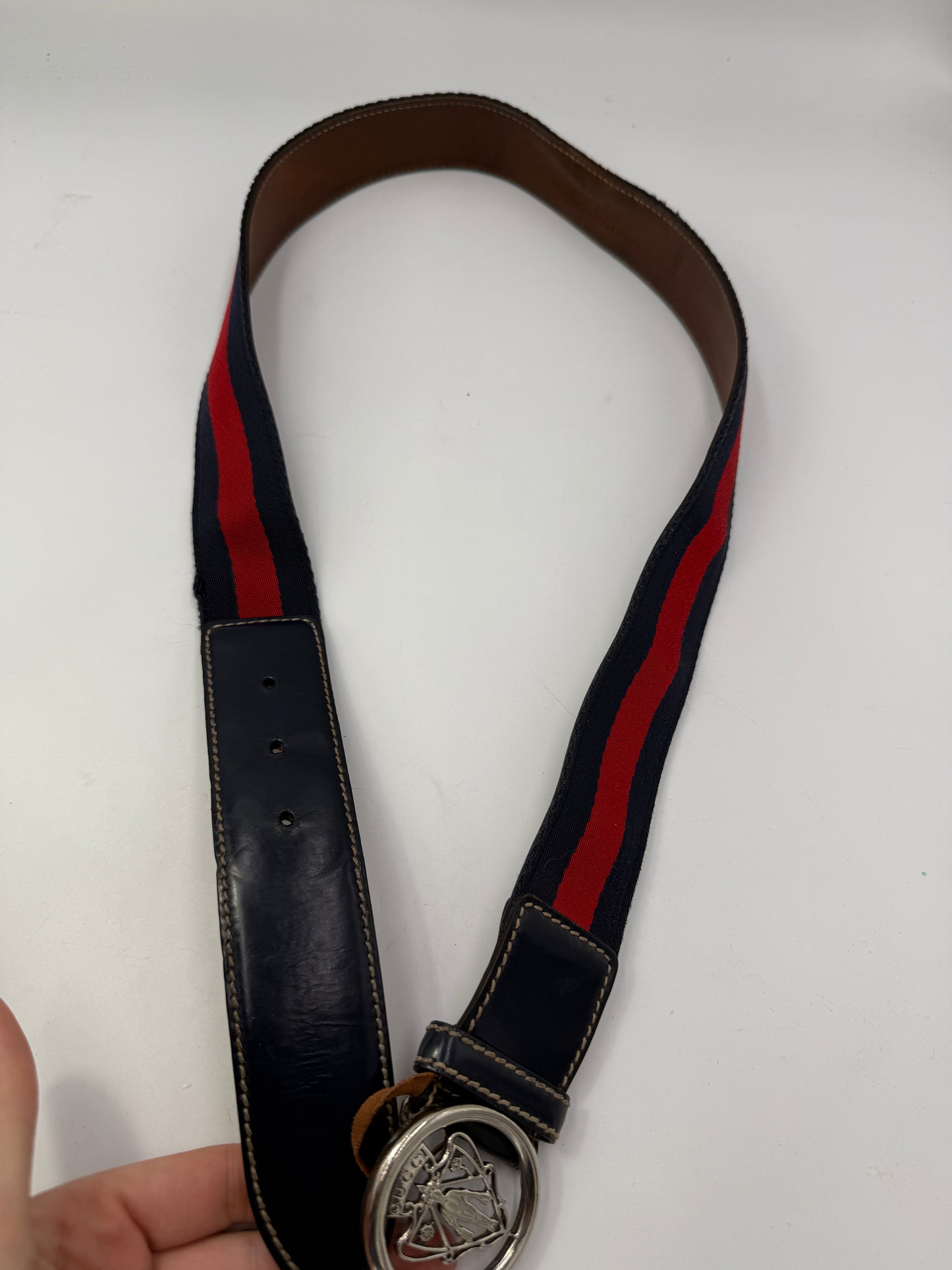 Gucci Ophidia Web Stripe Knight Crest Belt with Navy Blue Leather Trim 85 cm 34 in