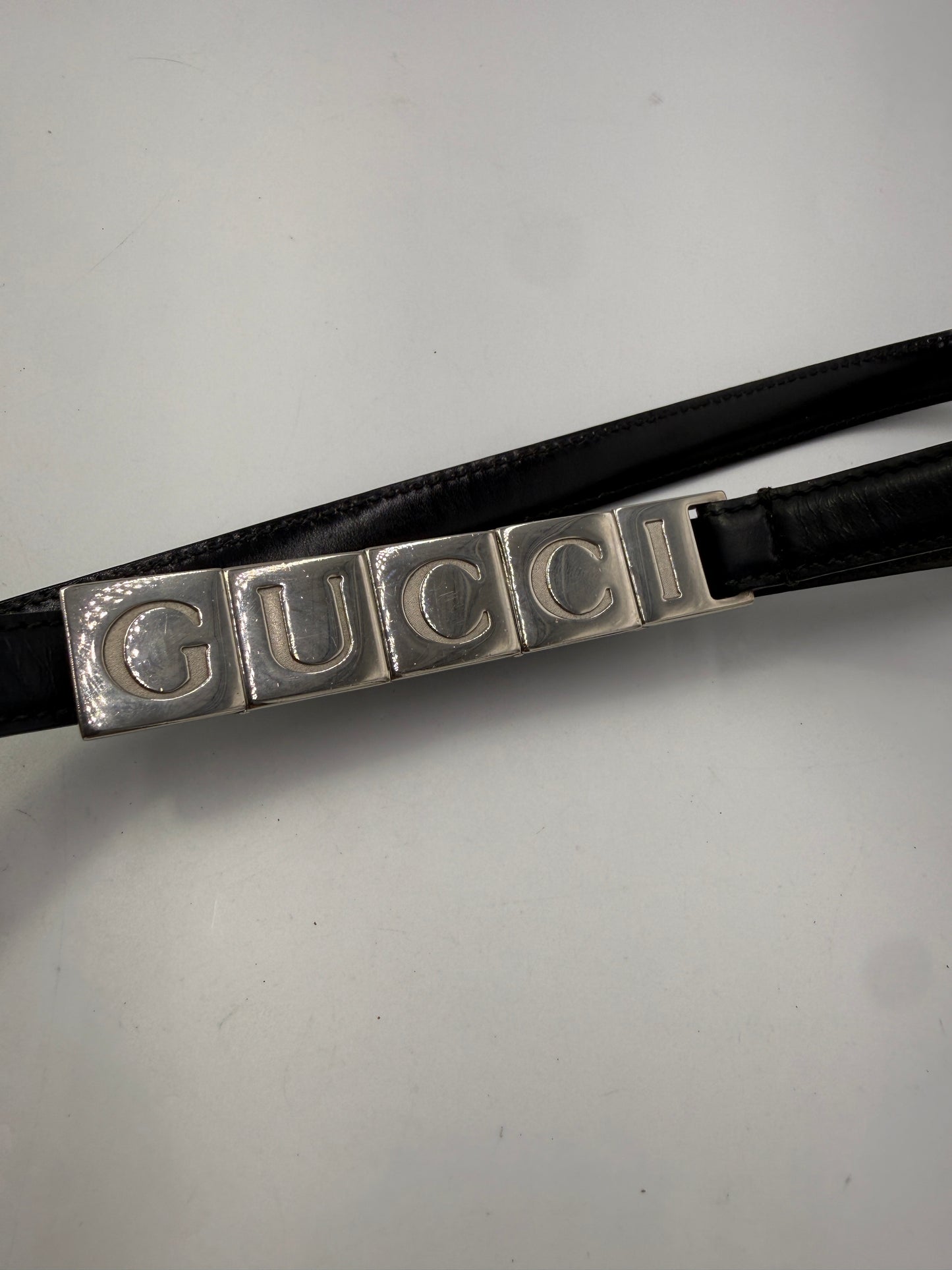 Gucci Leather Belt with Silver GUCCI Block Hardware Almost Black