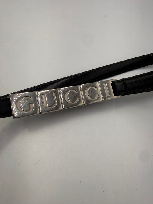 Gucci Leather Belt with Silver GUCCI Block Hardware Almost Black