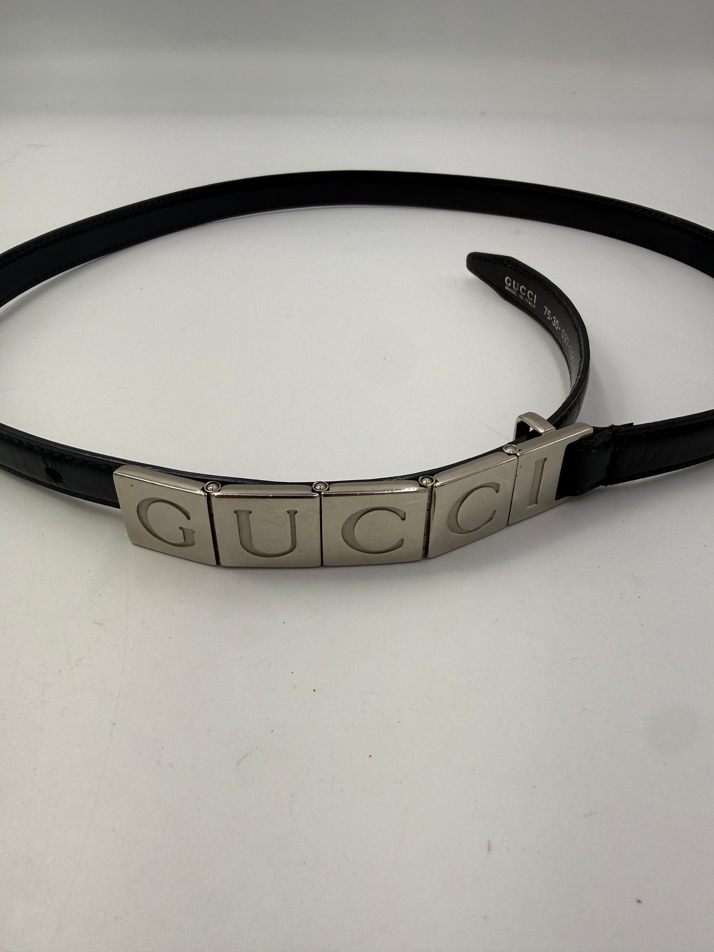 Gucci Leather Belt with Silver GUCCI Block Hardware Almost Black