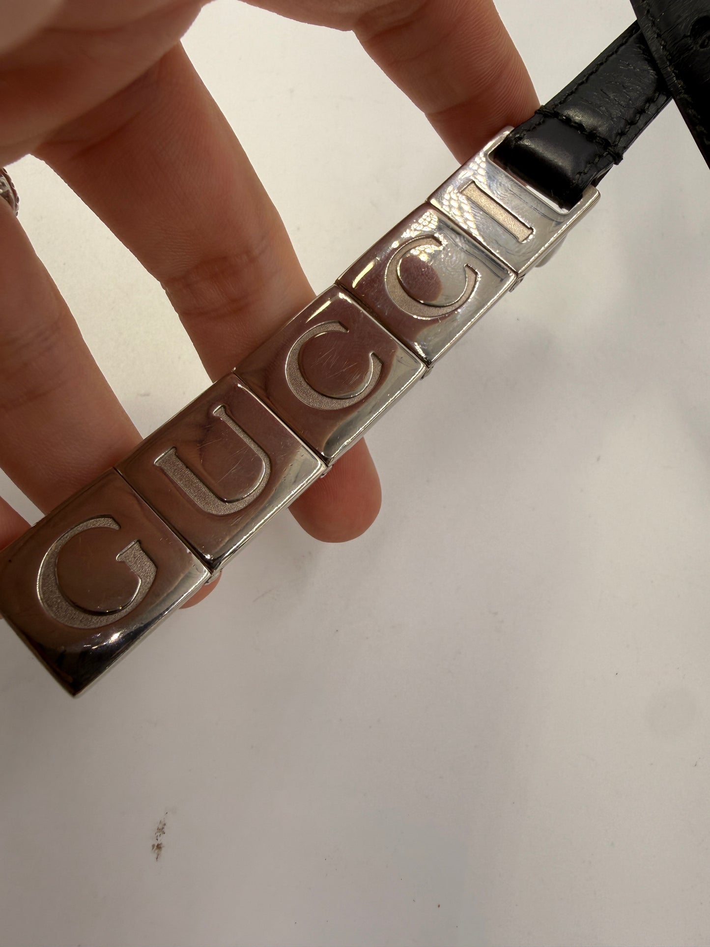 Gucci Leather Belt with Silver GUCCI Block Hardware Almost Black