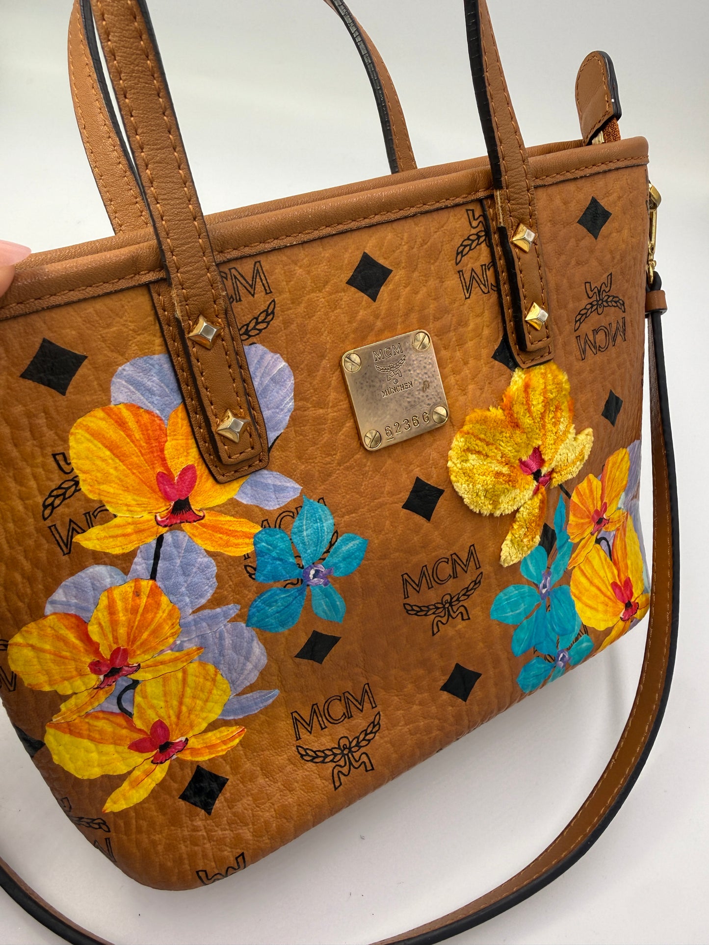 MCM Cognac Mini Floral Visetos Tote Crossbody Bag