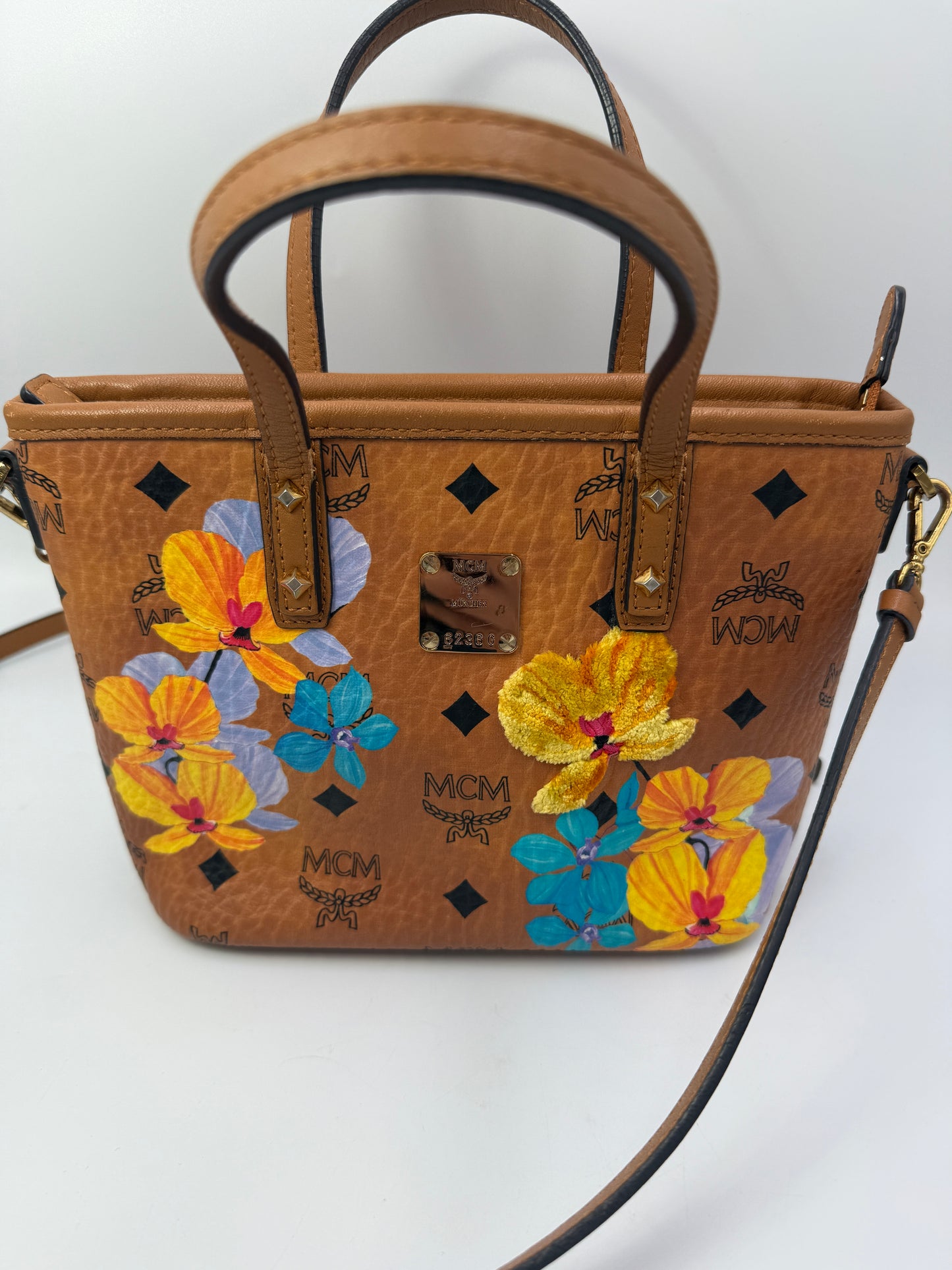 MCM Cognac Mini Floral Visetos Tote Crossbody Bag