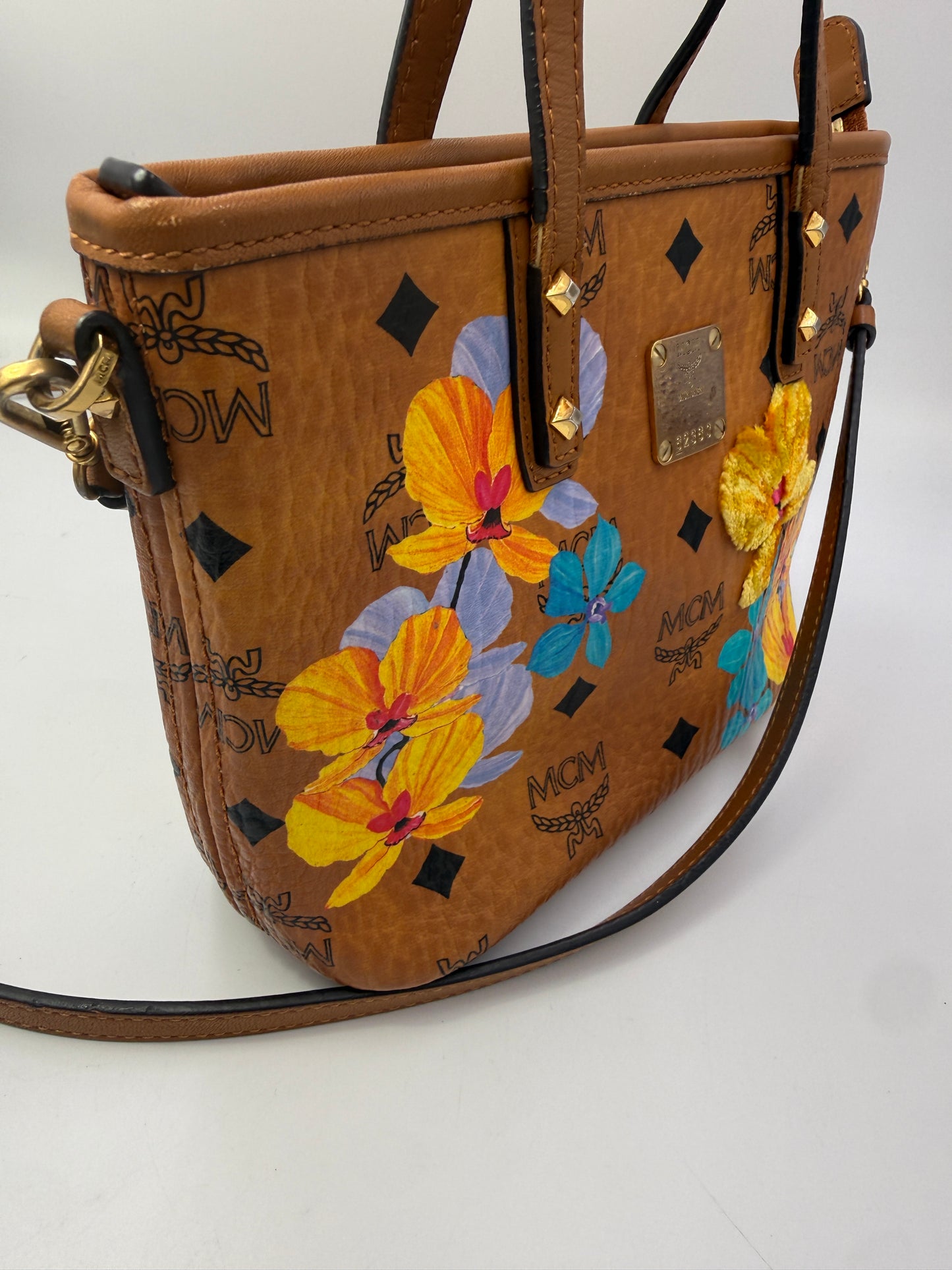 MCM Cognac Mini Floral Visetos Tote Crossbody Bag