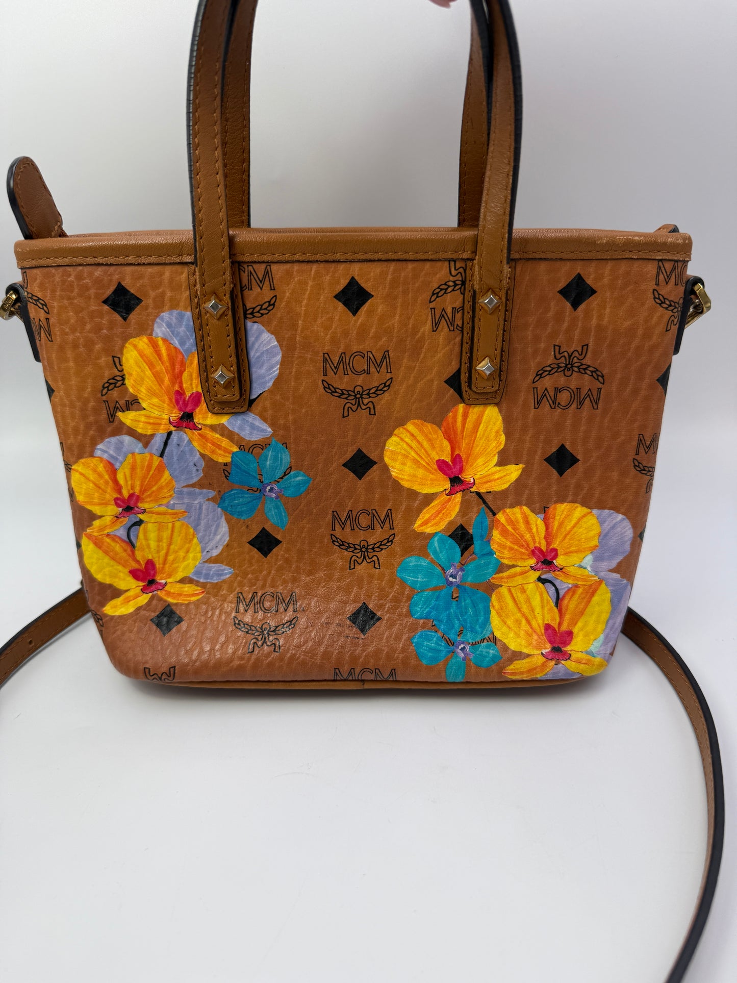 MCM Cognac Mini Floral Visetos Tote Crossbody Bag