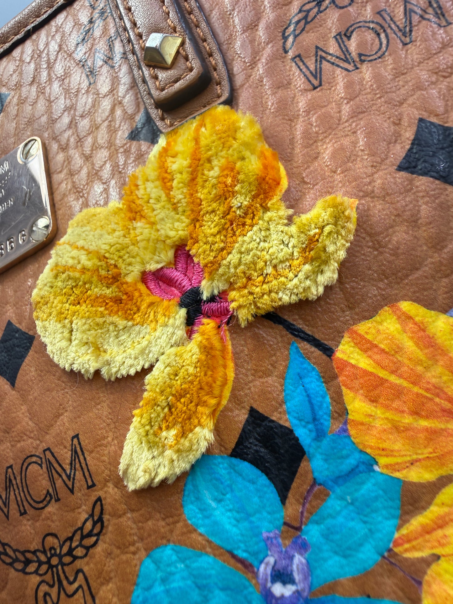 MCM Cognac Mini Floral Visetos Tote Crossbody Bag