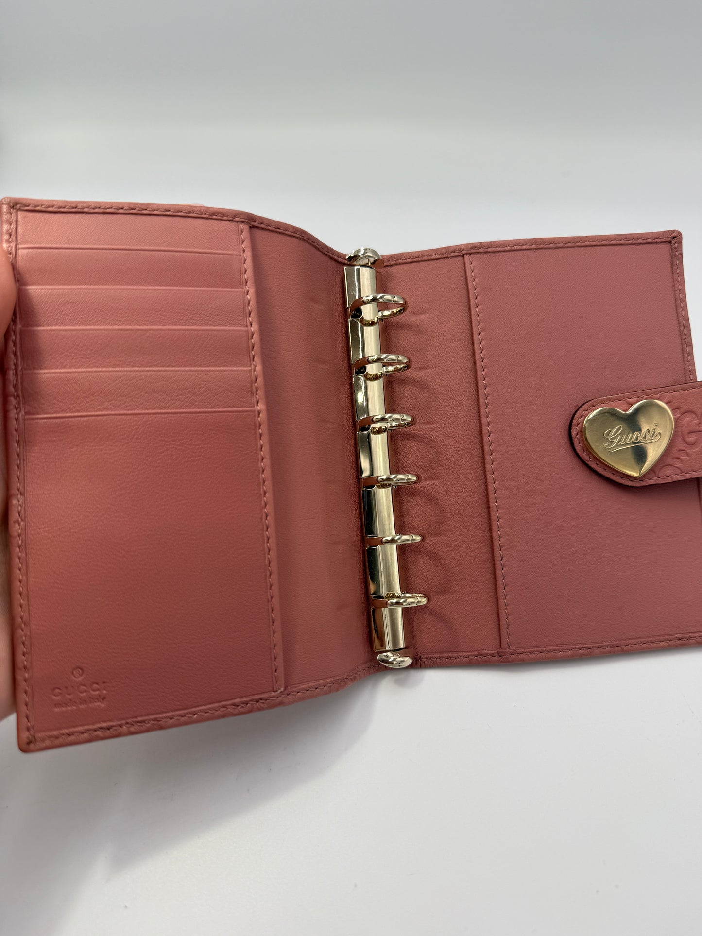 Gucci Guccissima Rose Pink Agenda Cover PM or Passport Holder with Heart Snap