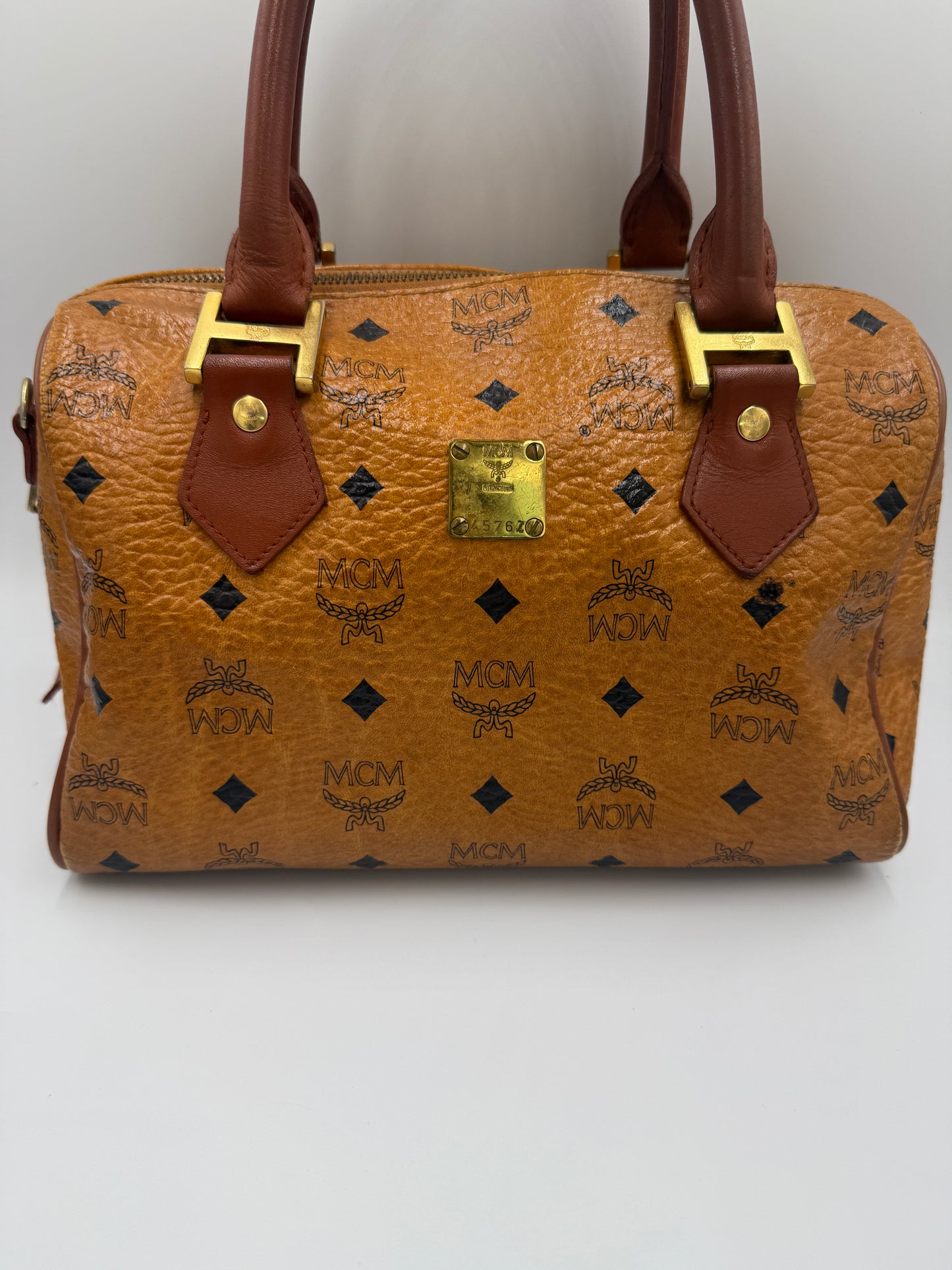 MCM Cognac Visetos Coated Canvas Boston Bag 27 cm