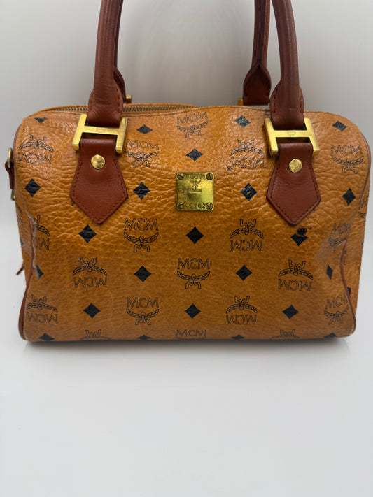 MCM Cognac Visetos Coated Canvas Boston Bag 27 cm