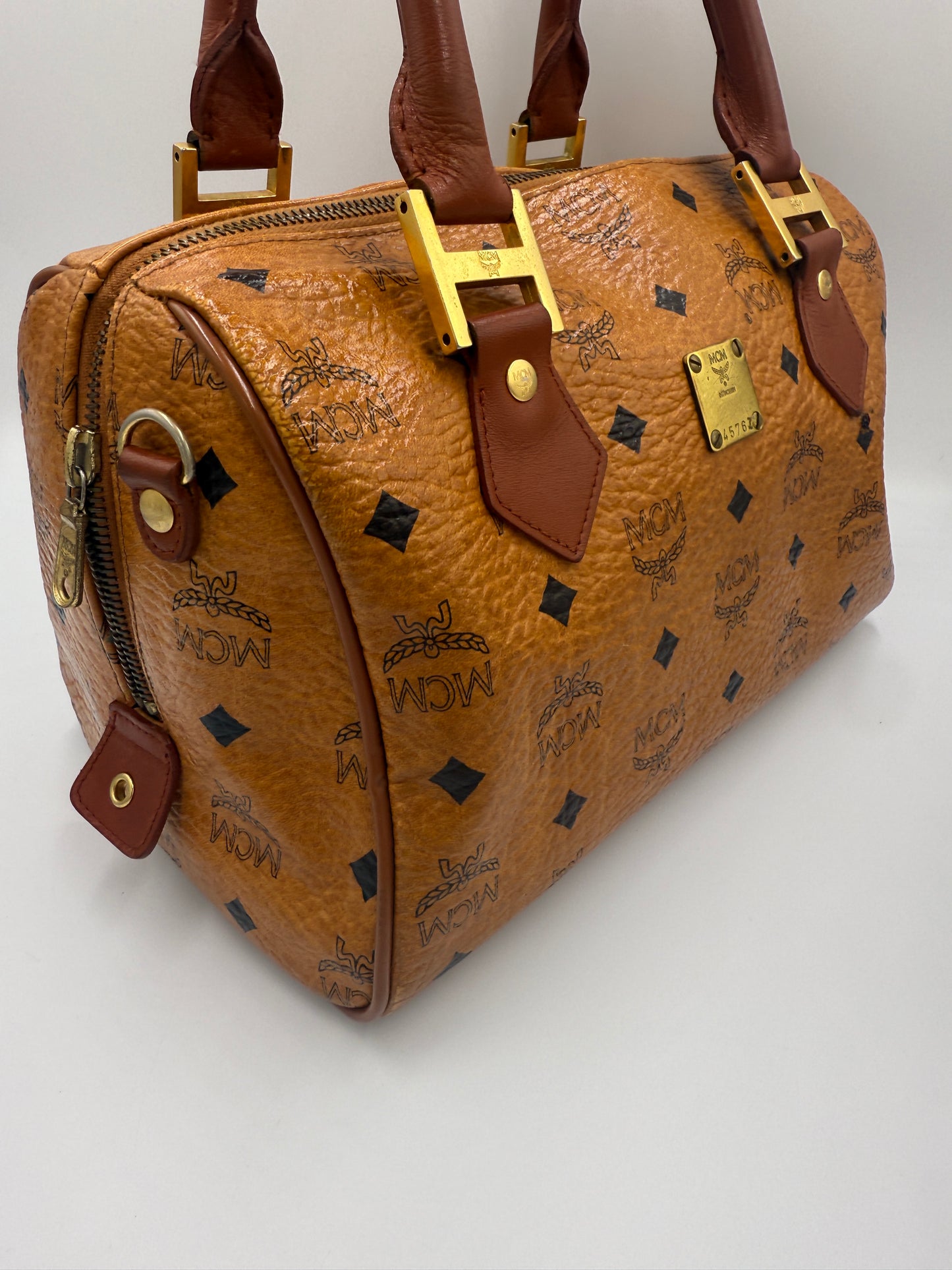 MCM Cognac Visetos Coated Canvas Boston Bag 27 cm