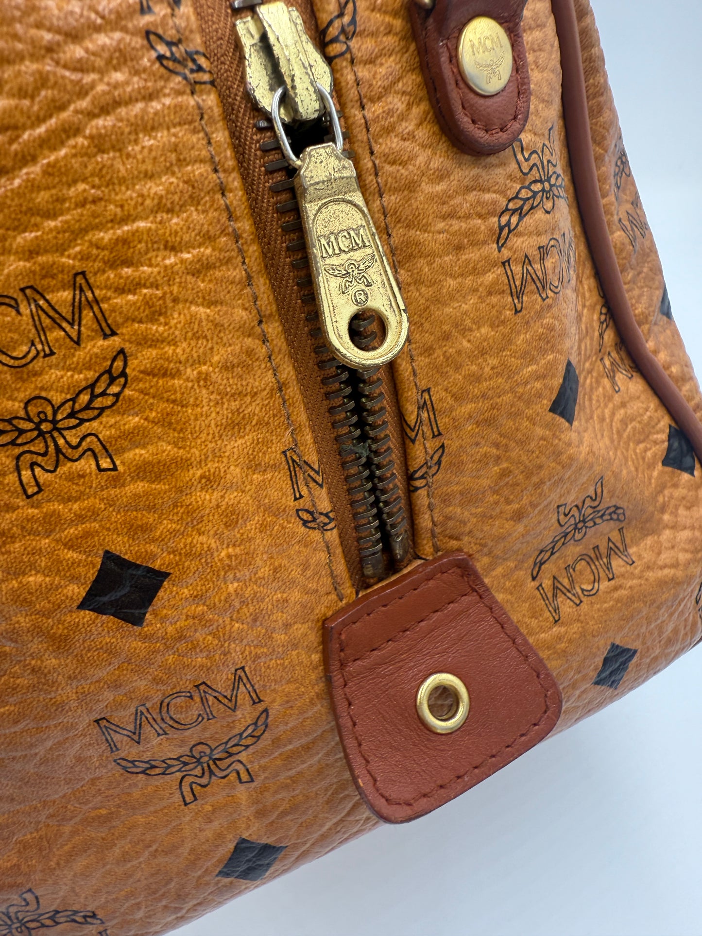 MCM Cognac Visetos Coated Canvas Boston Bag 27 cm