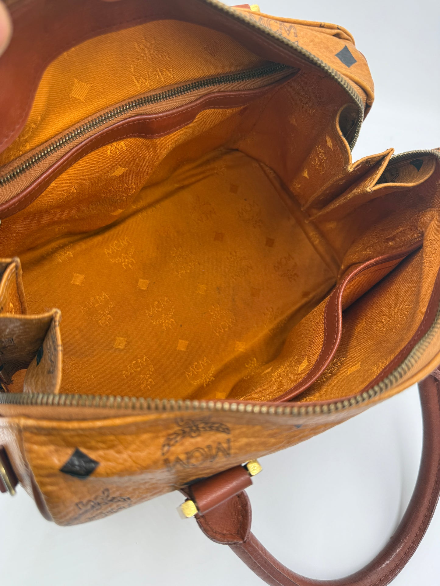 MCM Cognac Visetos Coated Canvas Boston Bag 27 cm