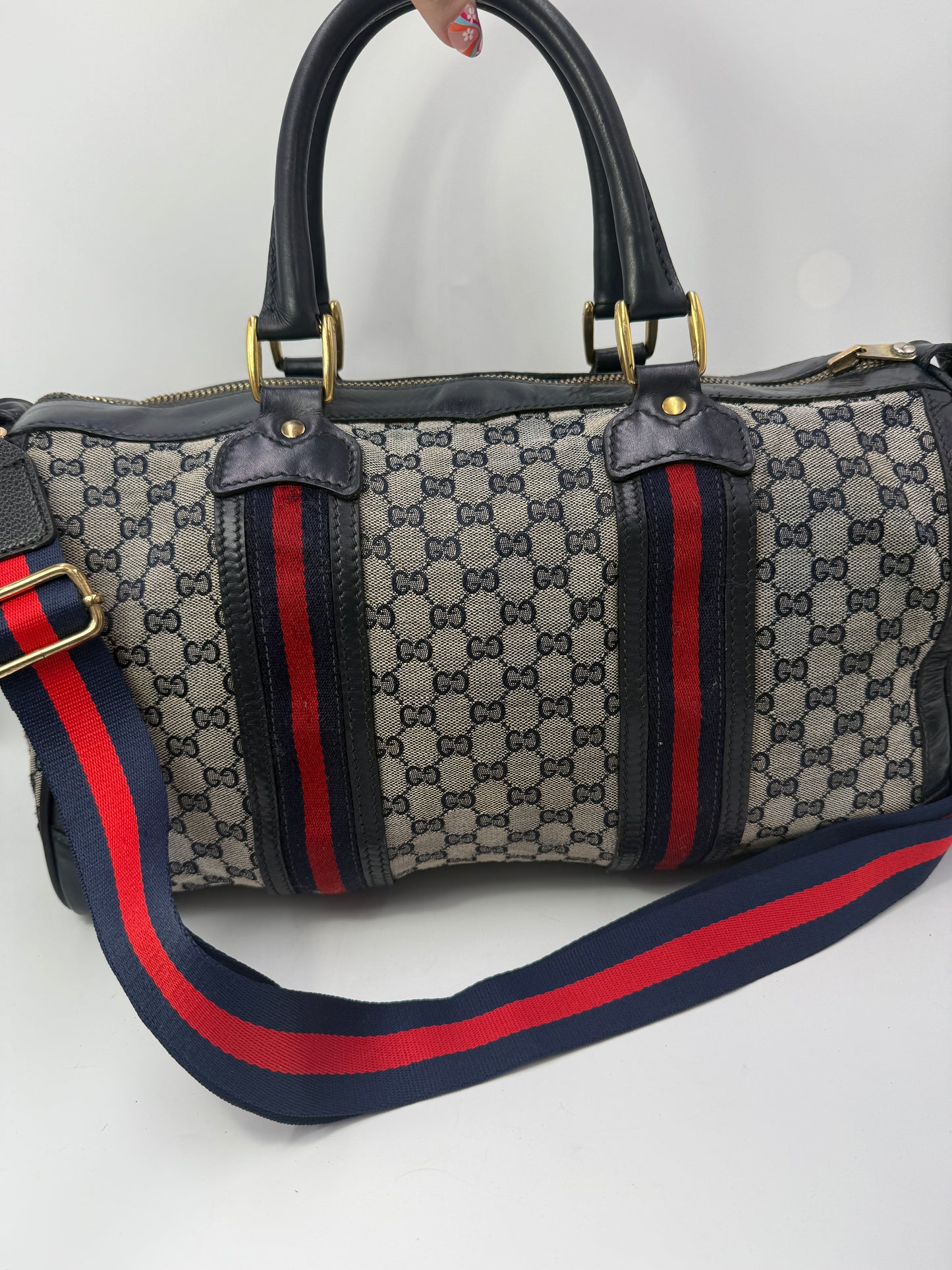 Gucci Blue Guccissima Canvas Boston Travel Bag with Non Branded Canvas Strap
