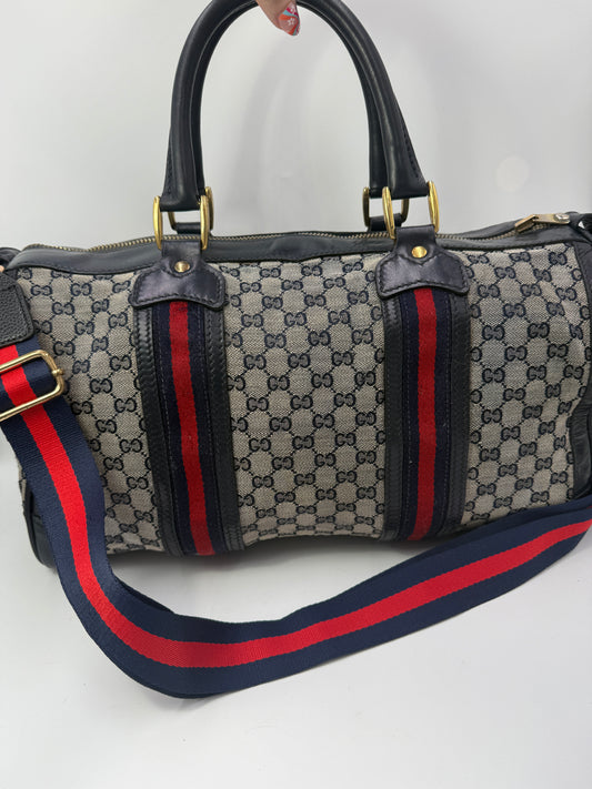 Gucci Blue Guccissima Canvas Boston Travel Bag with Non Branded Canvas Strap