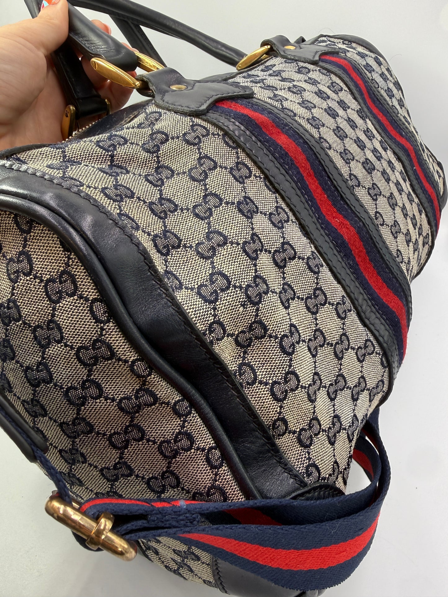 Gucci Blue Guccissima Canvas Boston Travel Bag with Non Branded Canvas Strap