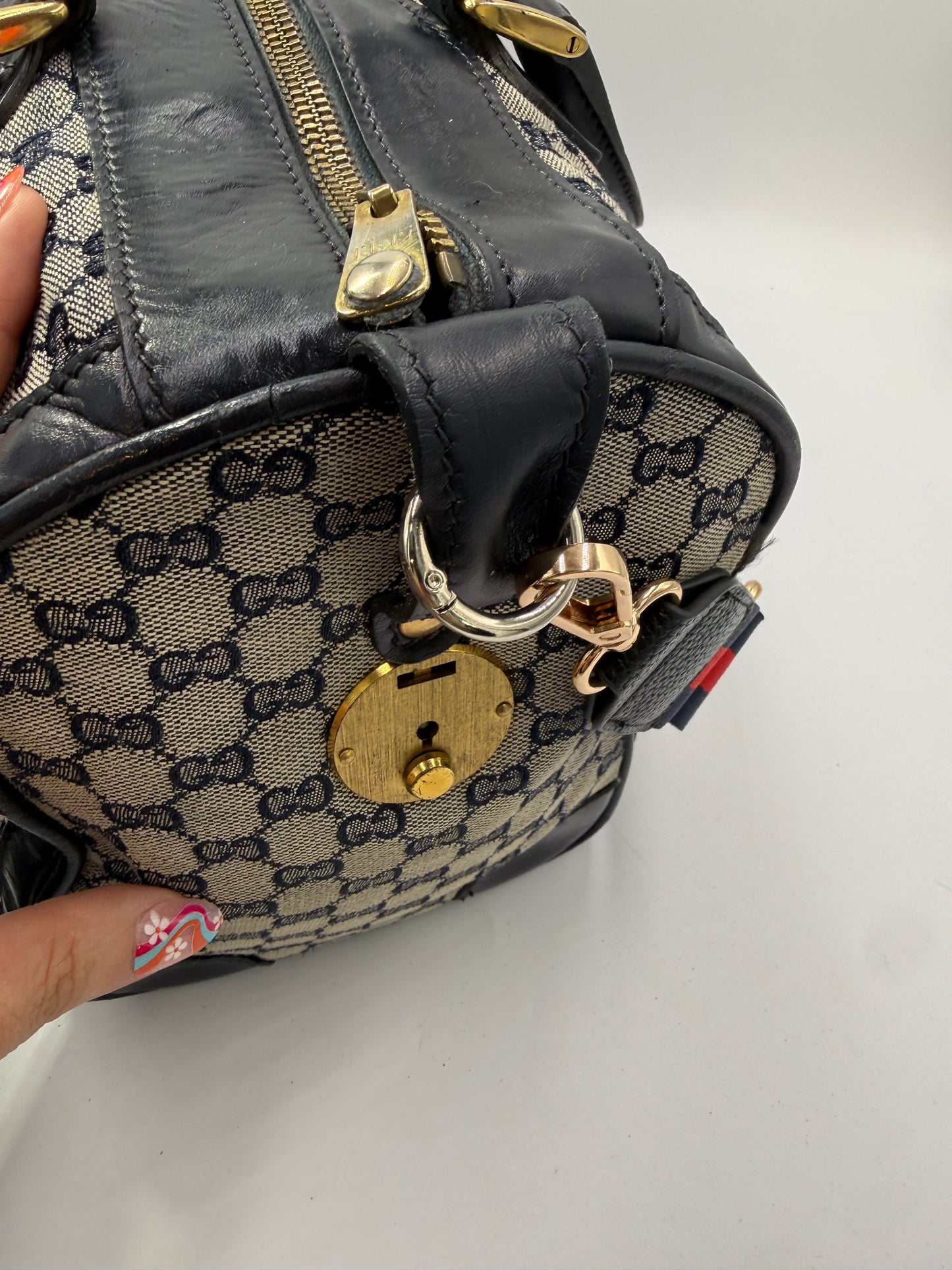 Gucci Blue Guccissima Canvas Boston Travel Bag with Non Branded Canvas Strap